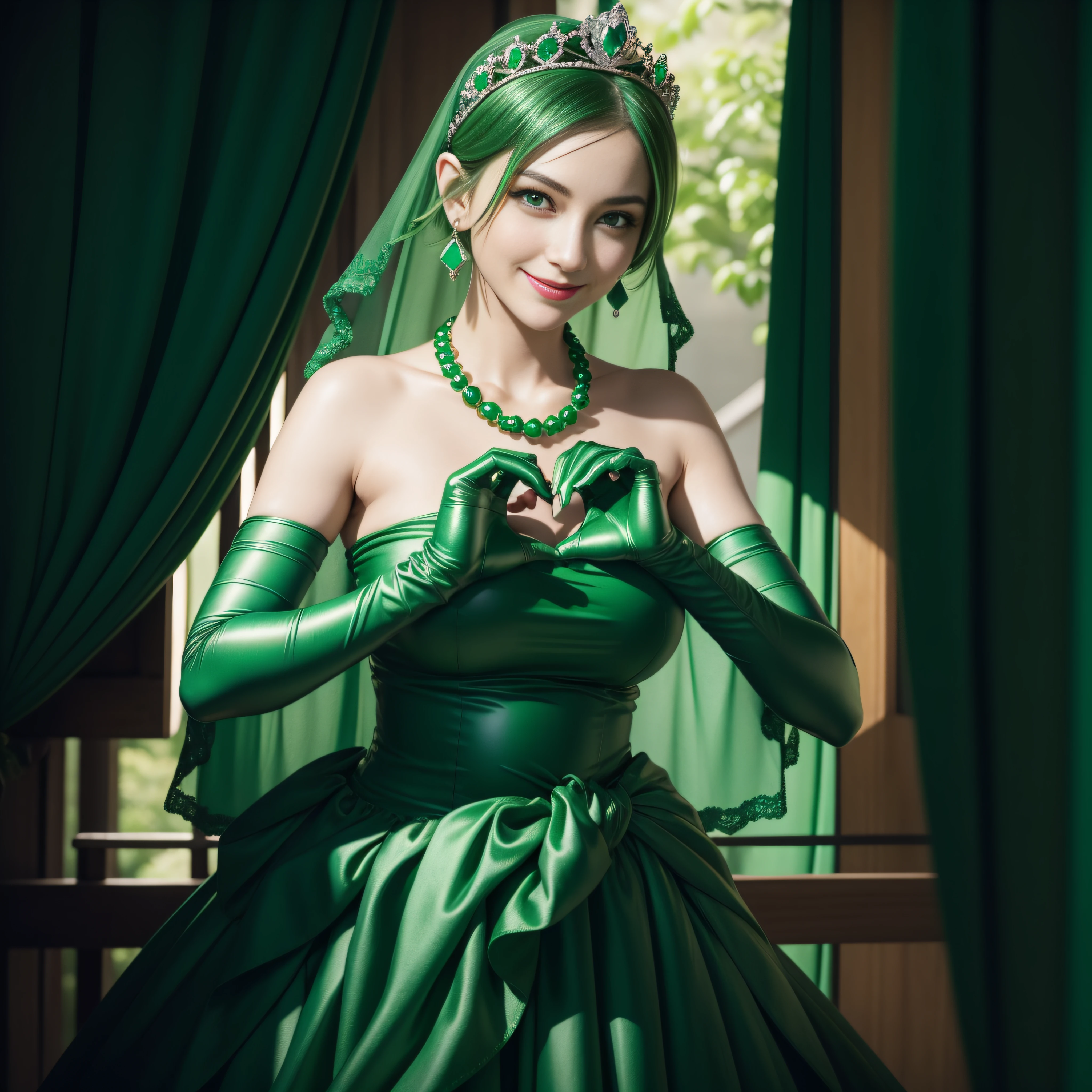 emerald tiara, Green Pearl Necklace, Boyish very short green hair, lipsticks, Japan woman smiling, very short short hair, big breasts beautiful, Green eyes, Long green gloves made of satin material, Green eyes, Emerald Earrings, green vale, Heart with both hands