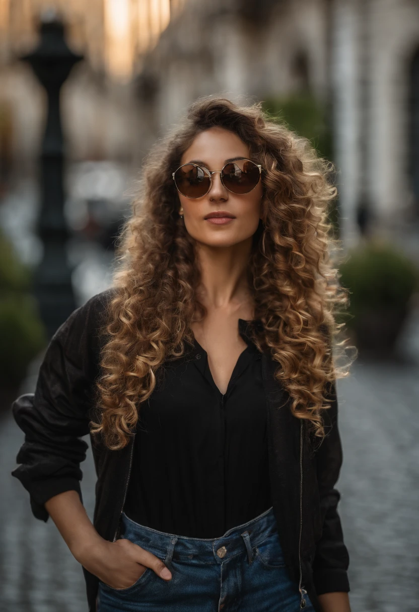 Long eyelashes, solid circle eyes, small nose, ((((medium and curly hair)))), Mediterranean Caucasian girl, 30 years old, ultra-high resolution.fotorrealistic: 1.4, ((((Enara Aiza)))), Selfie of a young woman, Selfie shot directly at an angle, Selfie photography, taking a selfie ((Normal facial expression)), ((wearing a green T-shirt, black bomber, and jeans)), ((Selfie)), on a street in Bilbao, sitting, black sunglasses, Sunset light, super detail, UHD, textured skin, 4k,