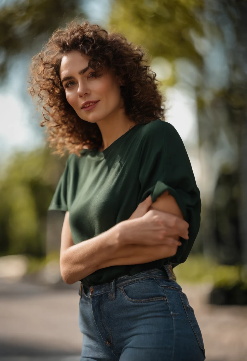 Long eyelashes, solid circle eyes, small nose, ((((medium and curly hair)))), Mediterranean Caucasian girl, 30 years old, ultra-high resolution.fotorrealistic: 1.4, ((((Enara Aiza)))), Selfie of a young woman, Selfie shot directly at an angle, Selfie photography, taking a selfie ((Normal facial expression)), ((wearing a green T-shirt, black bomber, and jeans)), ((Selfie)), on a street in Bilbao, sitting, black sunglasses, Sunset light, super detail, UHD, textured skin, 4k,