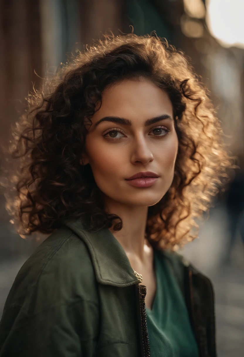 Long eyelashes, solid circle eyes, small nose, ((((medium and curly hair)))), Mediterranean Caucasian girl, 30 years old, ultra-high resolution.fotorrealistic: 1.4, ((((Enara Aiza)))), Selfie of a young woman, Selfie shot directly at an angle, Selfie photography, taking a selfie ((Normal facial expression)), ((wearing a green T-shirt, black bomber, and jeans)), ((Selfie)), on a street in Bilbao, sitting, black sunglasses, Sunset light, super detail, UHD, textured skin, 4k,