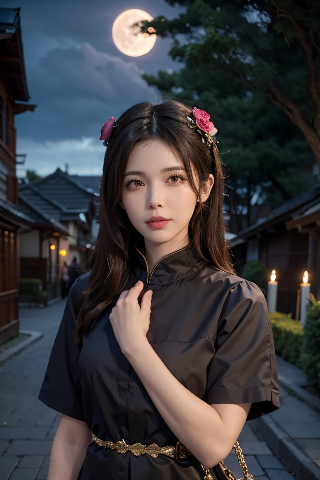 1girl in, bblurry, blurry_background, brown_eyes, brown_hair, depth_of_field, 耳Nipple Ring, florals, full_moon, hair_flower, hair_ornament, s lips, drooling, looking_at_viewer, a moon, rays of moonlight, natta, night_sky, plein air, red_flower, red_moon, Skysky, 独奏, 独奏