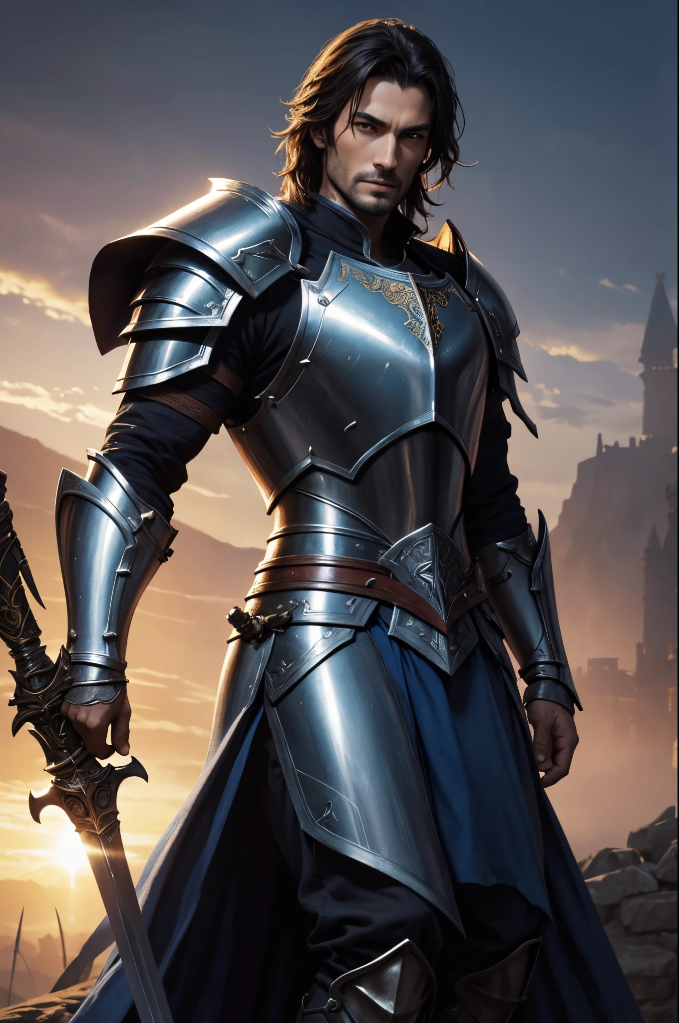 Alafed image of a man in armor with a sword, Super handsome,Paladin,William H.. Pongilppi, Arsen Lupin as Paladin, wojtek fus, andreas rocha and john howe, ArtGerm Craig Mullins, ArtgermとCraig Mullins, Fantasy warriors in full armor, Attractive man in armor, silvain sarrailh, Malepaladin,Beautiful expression,