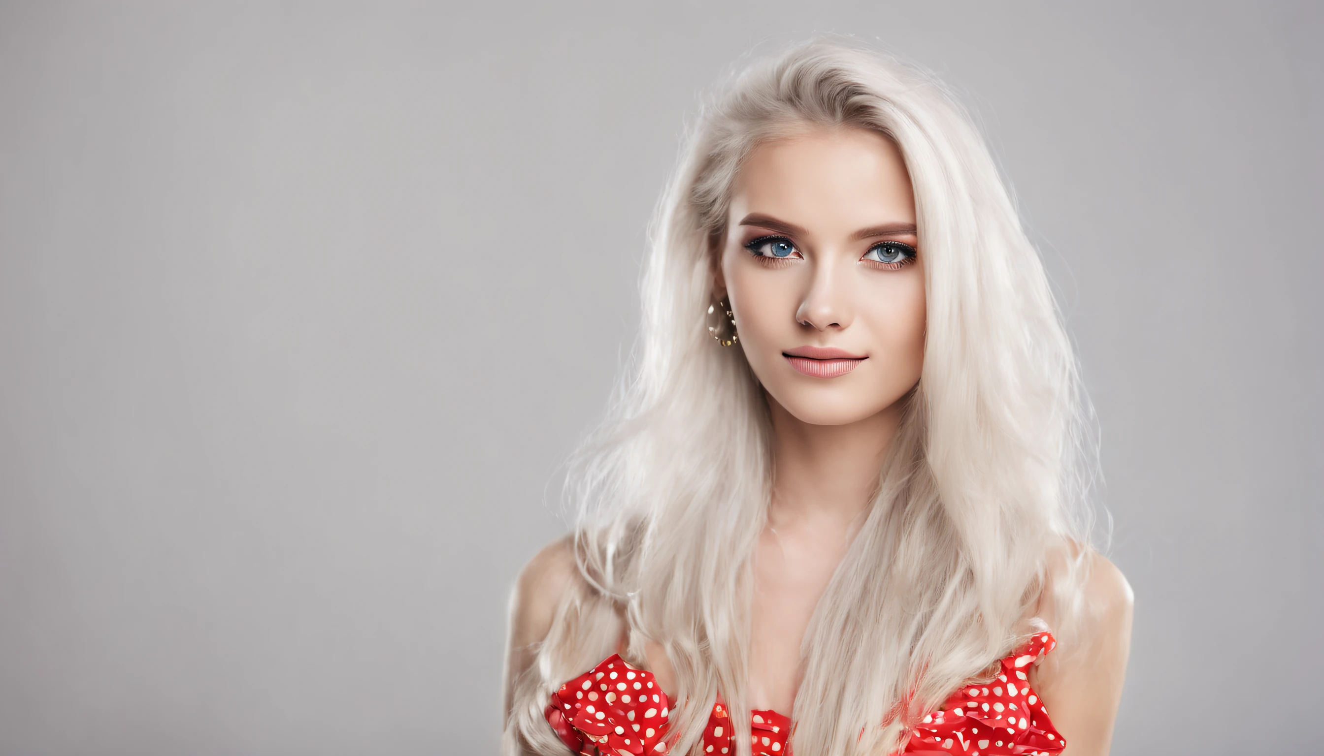 beautiful young girl,model appearance,long white hair,makeup,in a short red spotted skirt,in a photo studio,posing,clear face in focus,earrings glow and shine,skin detailing,high quality 8k