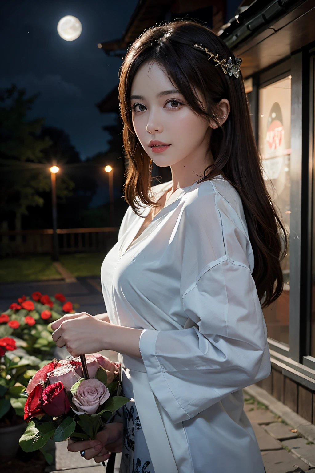 1girl in, bblurry, blurry_background, brown_eyes, brown_hair, depth_of_field, 耳Nipple Ring, florals, full_moon, hair_flower, hair_ornament, s lips, drooling, looking_at_viewer, a moon, rays of moonlight, natta, night_sky, plein air, red_flower, red_moon, Skysky, 独奏, 独奏