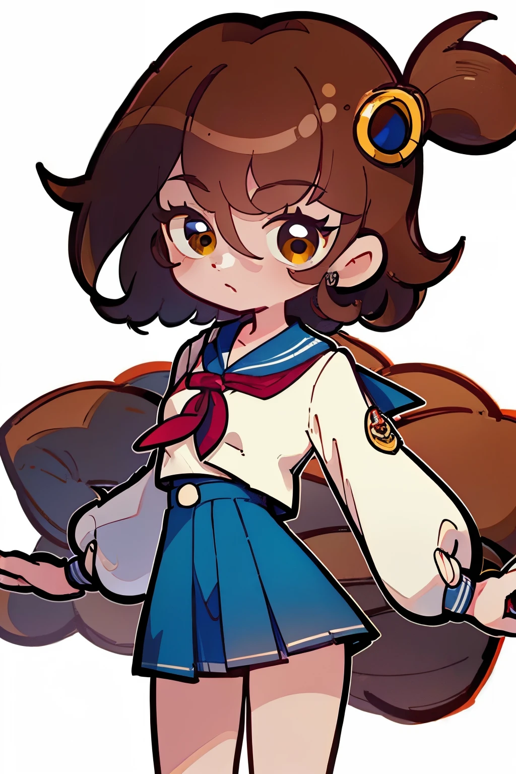 masterpiece, best quality, short brown hair, yellow eyes, wearing a sailor uniform, hair between eyes, locks, wearing a sailor uniform, red ribbon, wearing a blue pleated micro skirt, bare legs, white background