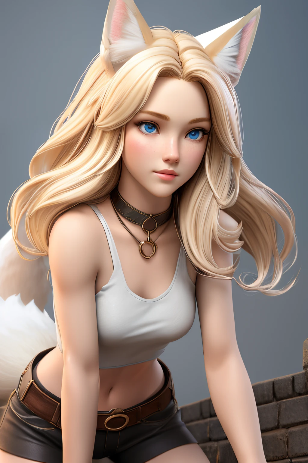 close up 1girl in, ager, Solo, Aesthetic artwork, blond, straight blonde hair, super long blonde hair, light blue eyes, some small freckles, pale skin, small breasts, runners body, (thin hips, thin waist: 1.25), detailed skin, neutral face, parted lips, (action shot, crawling:1.3), wearing a choker with a bell, (wearing brown leather halter top and short shorts with armor:1.1), (white fox ear, white fox tail:1.25), (full body: 1.1), very detailed city roof background, rooftop, overlooking ancient Greek city, 24mm, 4k textures, soft cinematic light, RAW intricate, elegant, highly detailed, sharp focus, ((((cinematic look)))), soothing tones, insane details, intricate details, hyperdetailed, low contrast, soft cinematic light, dim colors, exposure blend, hdr, faded