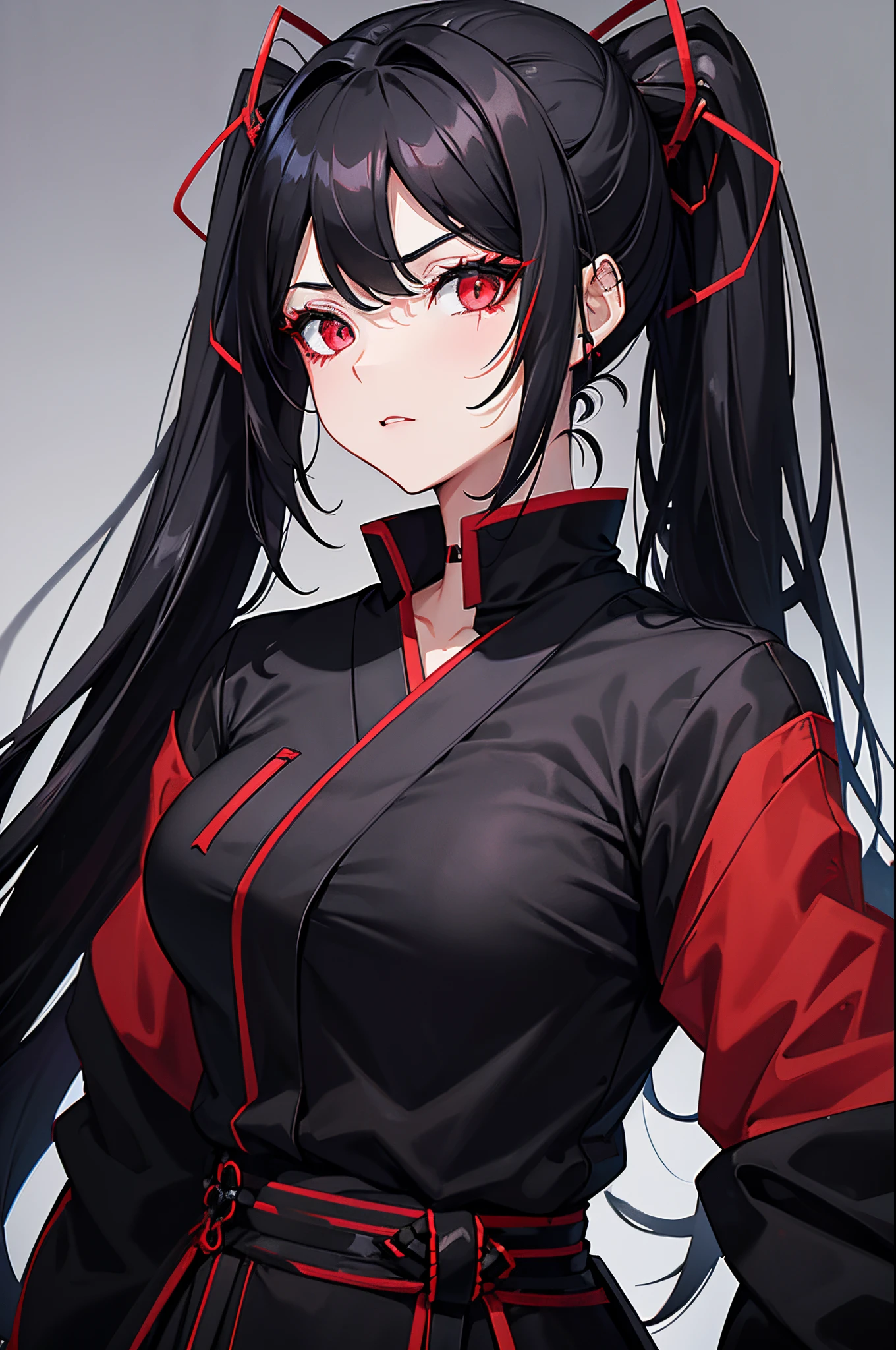 1girl, black hair, high ponytail, curls on the sides of the face, cyan color eyes, Red Shadow Eye , chocker on neck, mesh on the chest, black and red tight clothing, Japanese style, hight resolution, 8K, ultra sharpness,