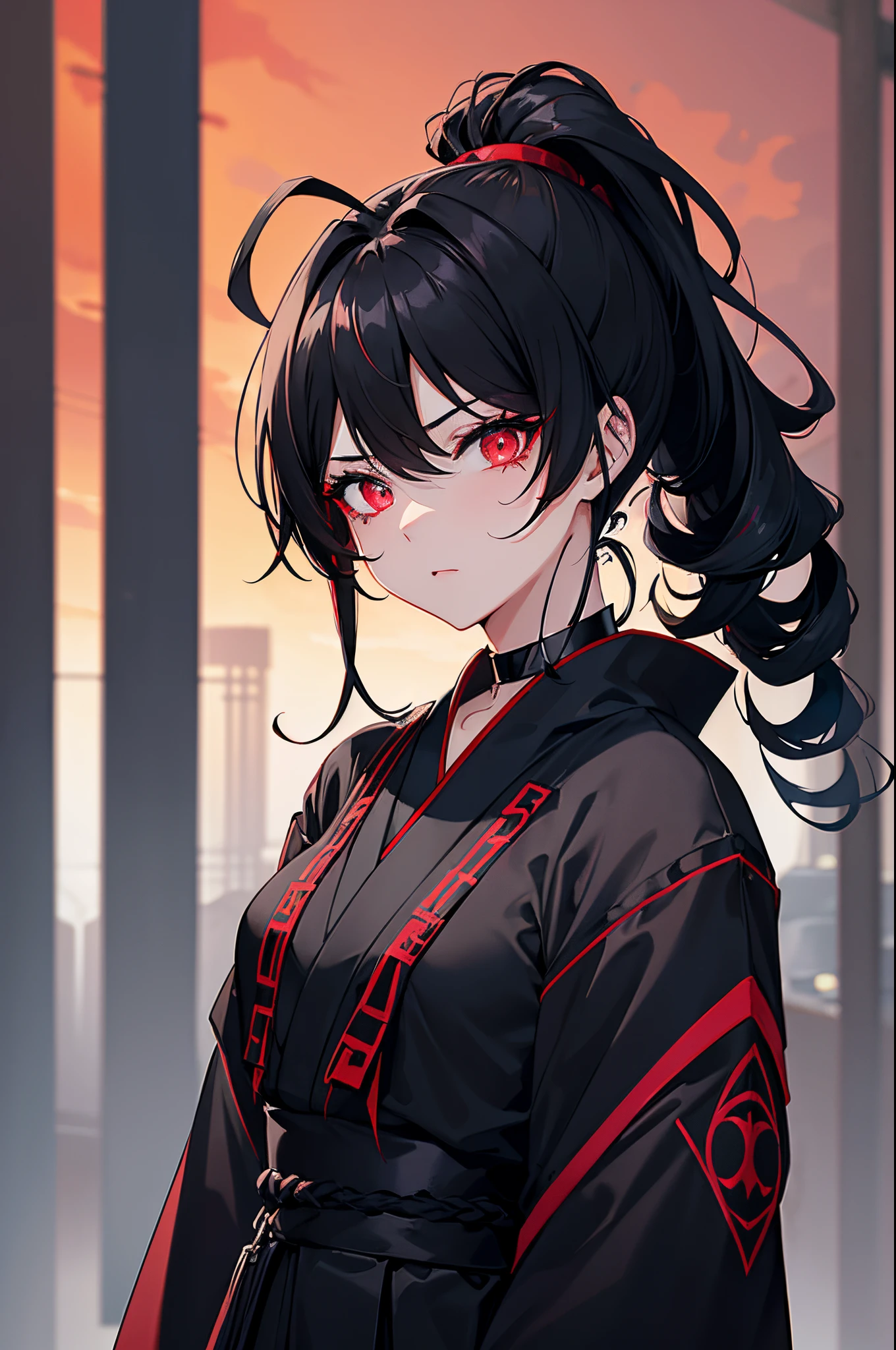1girl, black hair, high ponytail, curls on the sides of the face, cyan color eyes, Red Shadow Eye , chocker on neck, mesh on the chest, black and red tight clothing, Japanese style, hight resolution, 8K, ultra sharpness,