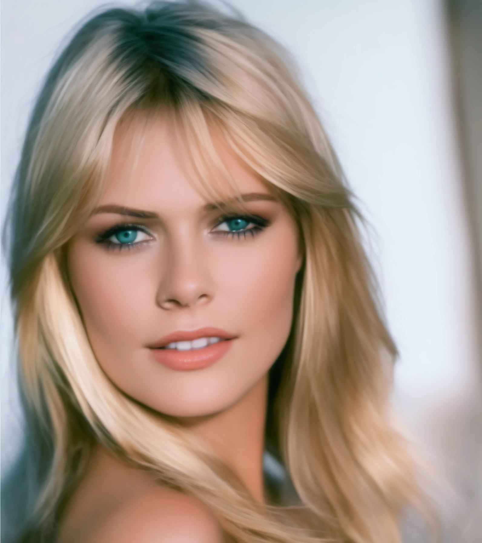 a close up of a woman with long blonde hair and blue eyes that should be a variation