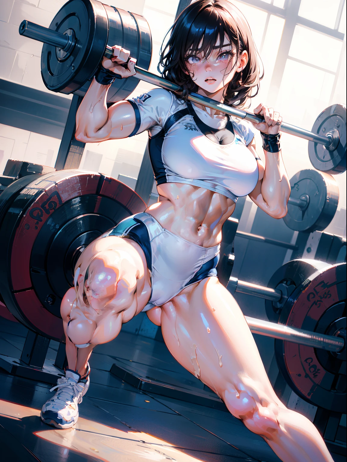 Best Quality, masutepiece,  High resolution, (Anime Heroine Illustration), Anime Paint, 1beautiful girl ,Dynamic Angle,Women's weightlifters ,small head,Large breasts,Trained abs,nice legs, Glowing skin, Sweat,At the weightlifting venue ,(Detailed beautiful face:1.4),detailed skins,Detailed eyes,detailed hairs,Detailed beautiful legs,