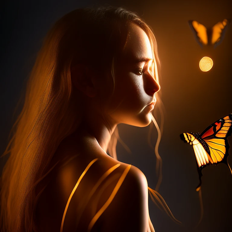 award winning portrait of topless beautiful girl looking at a backlit butterfly, nipples, bokeh, backlit, octane, unreal, epic composition