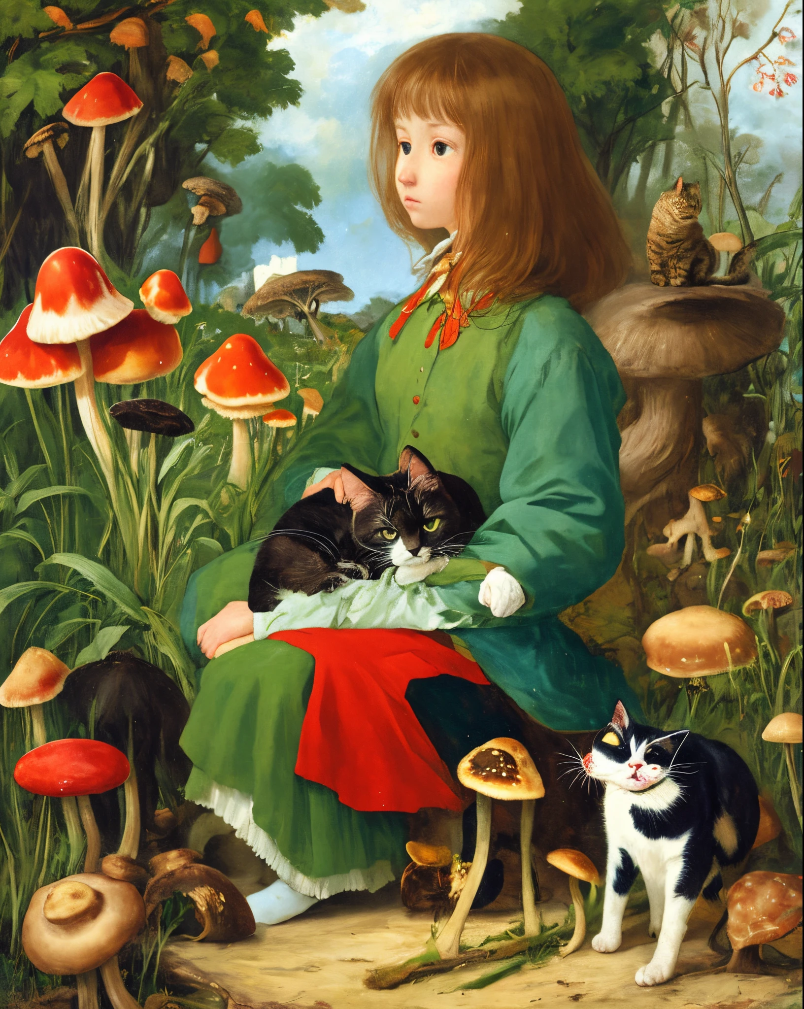 girl with cat and mushrooms