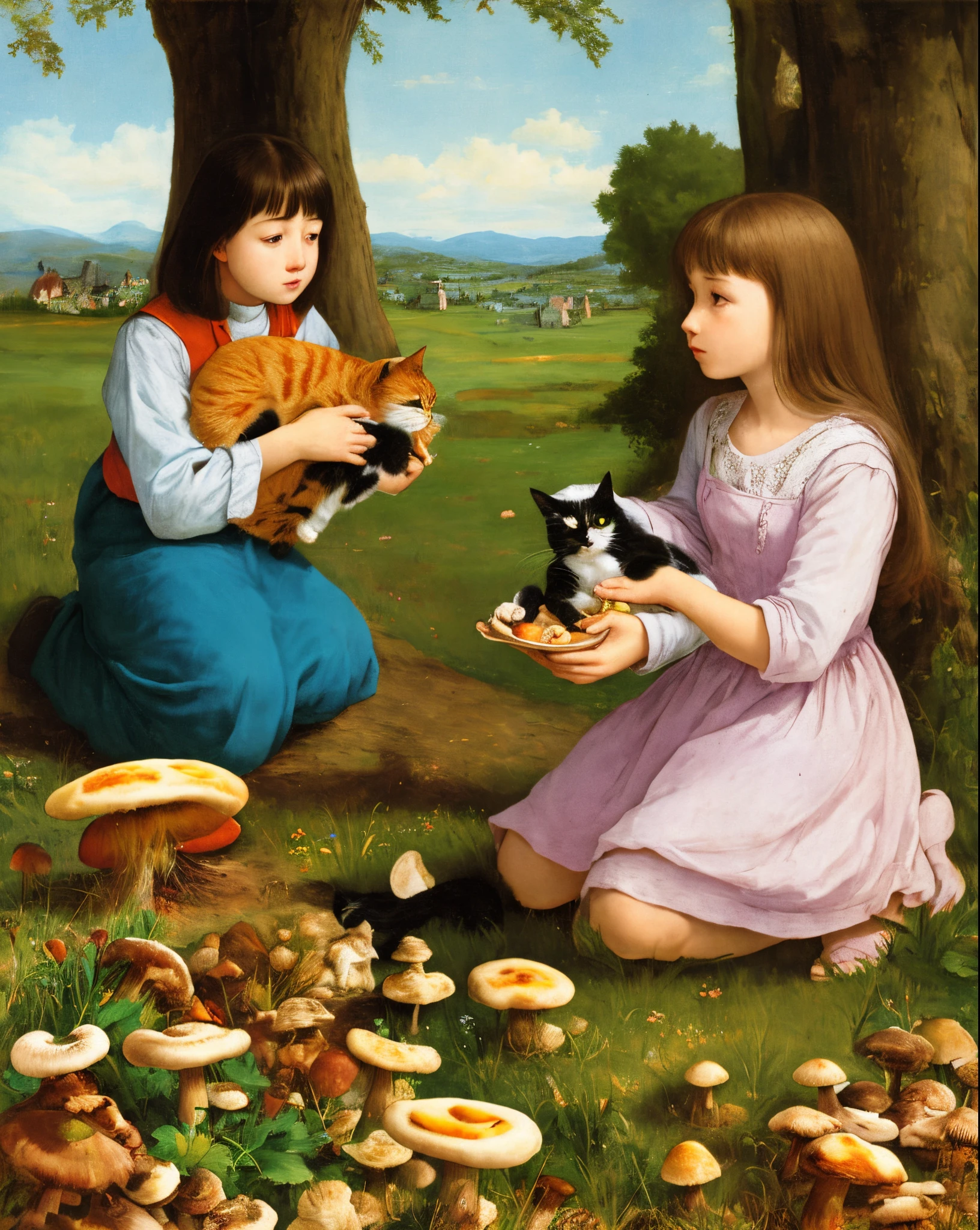 girl with cat and mushrooms
