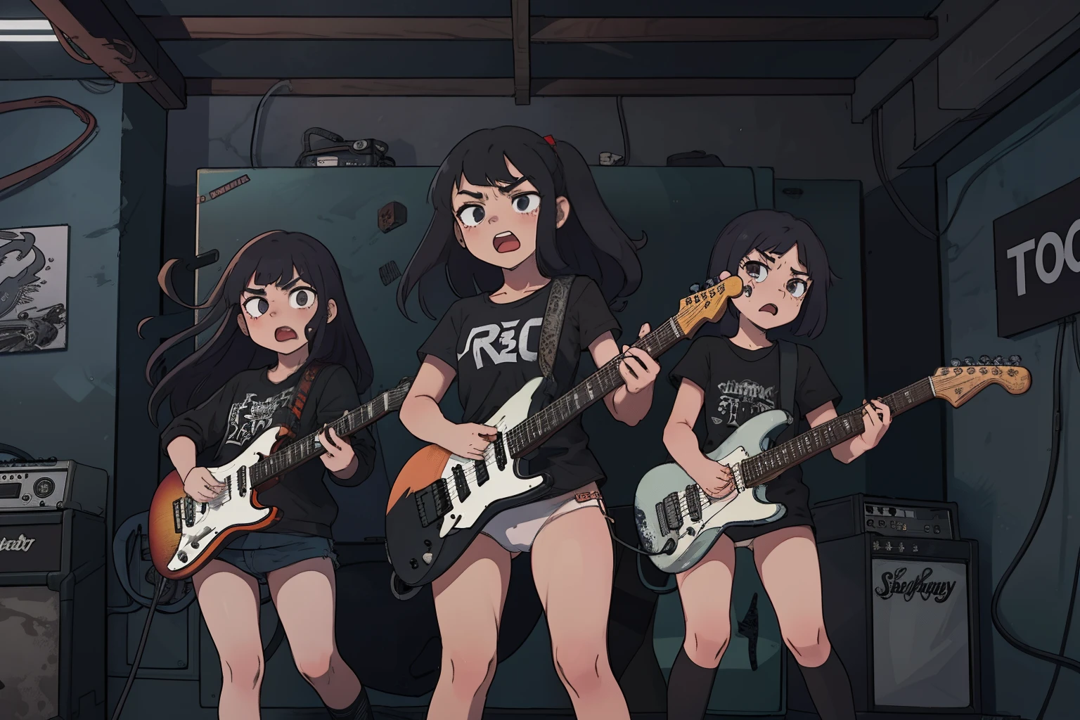 (masterpiece:1.2, best quality), (highly detailed), 3girls, , teenck band, botttomless, (white panties), black shirt, play electric guitars, in a garage, sing, angry, aggressive, heavy metal, black red, dark, dark theme
