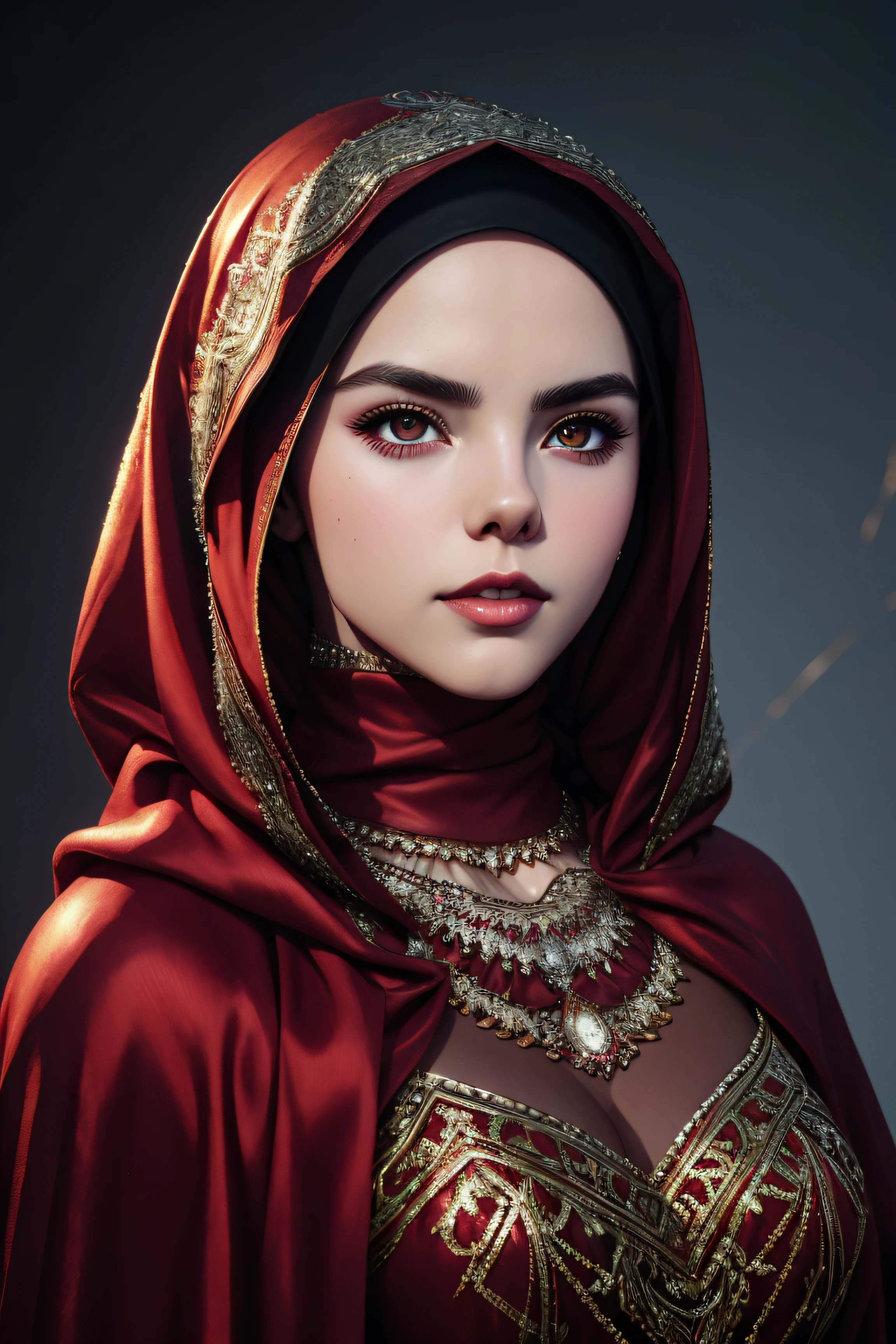 Bailee Madison, sexy clothes wearing a hijab made of red with jewelry and diamonds, character portrait, 3 9 9 0 s, long hair, intricate, elegant, highly detailed, digital painting, artstation, concept art, smooth, sharp focus, illustration, art by wlop, charlie bowater and alexandra fomina