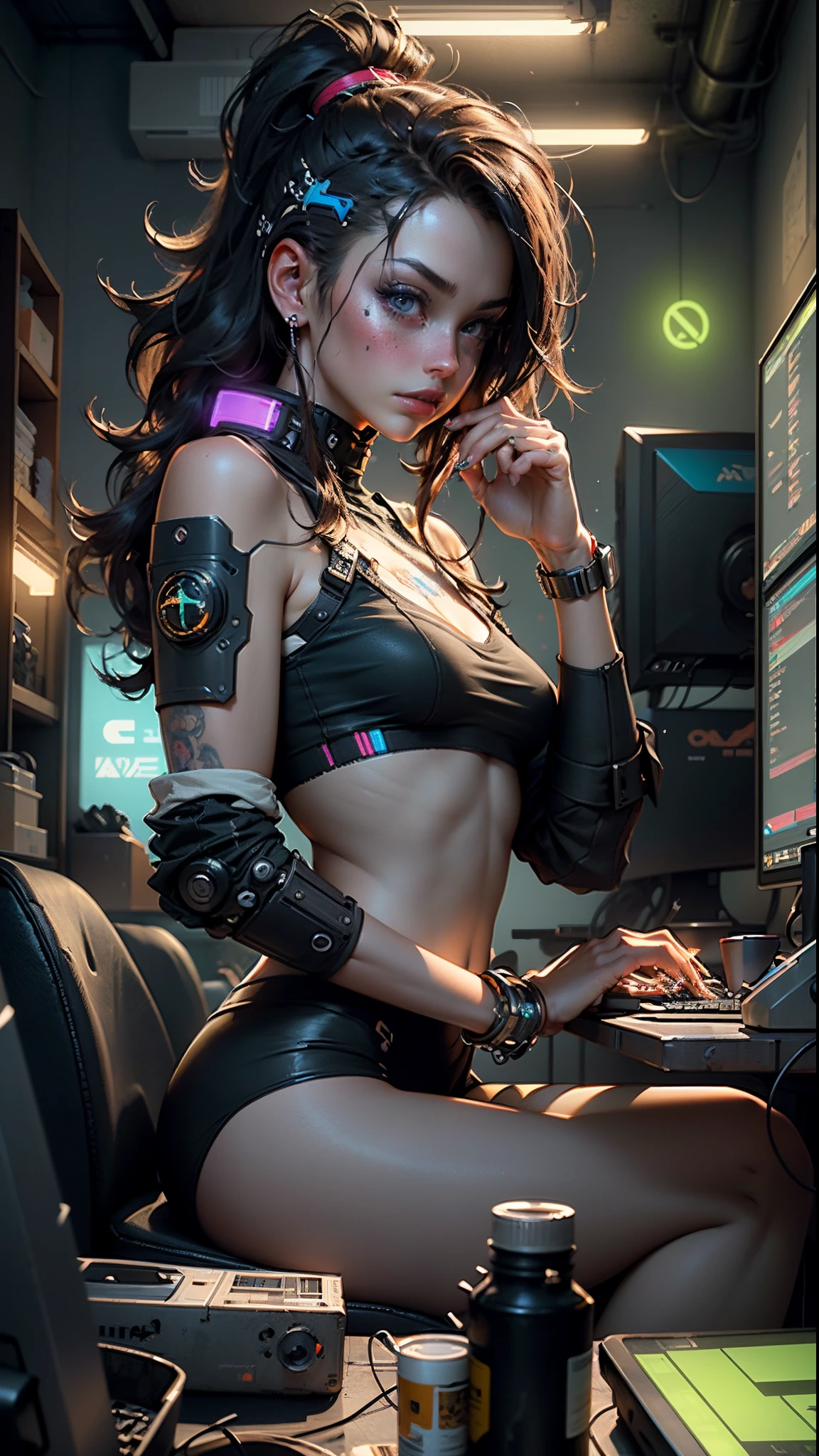 ((Best quality)), ((masterpiece)), (highly detailed:1.3), 3D, beautiful (cyberpunk:1.3) female hacker with thick voluminous hair operating a computer terminal, computer servers, LCD screens, fibre optic cables, corporate logos,HDR (High Dynamic Range),Ray Tracing,NVIDIA RTX,Super-Resolution,Unreal 5,Subsurface scattering,PBR Texturing,Post-processing,Anisotropic Filtering,Depth-of-field,Maximum clarity and sharpness,Multi-layered textures,Albedo and Specular maps,Surface shading,Accurate simulation of light-material interaction,Perfect proportions,Octane Render,Two-tone lighting,Low ISO,White balance,Rule of thirds,Wide aperature,8K RAW,Efficient Sub-Pixel,sub-pixel convolution,luminescent particles,