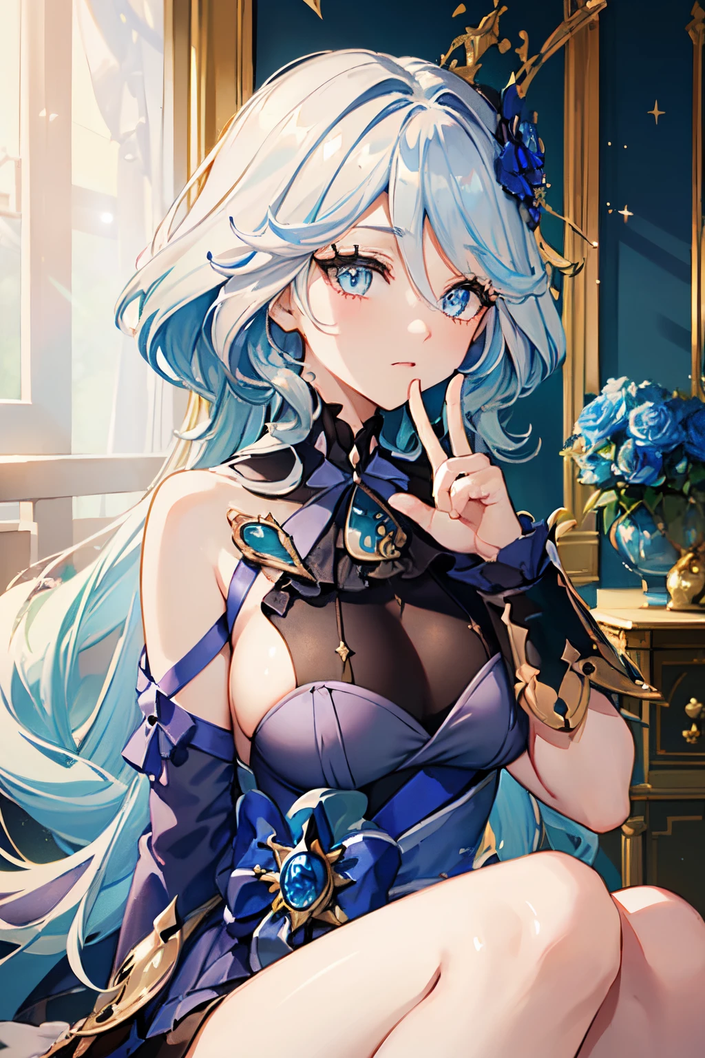 Friner, surrealism, 8K, yes, Super detail, Hydroelectric Akron, upper legs, Sitting, Kid face, Smug, Beautiful eyes, Masterpiece, high resolution, 8K, anime woman, Delicate and meticulous text 、detailed digital illustration、(((Genshin Impact))、Shiny hair、A very beautiful woman、High image quality, High quality、Detailed background、The inside of the eye sparkles like a diamond、(((Blue hair)))、(((sweeping bangs)))、Gradient pupils、(((2 arms、4 fingers, 1 thumb))), (big naked breasts, sexy, porn ), detailed feminine face、A very beautiful naked woman、、细致背景、tmasterpiece、Soft focus , Bright gradient watercolor , Lens flare , (((glitters))) , Glow , Dreamy ,、((Very beautiful light blue rose hair ornament)), Luxury room background