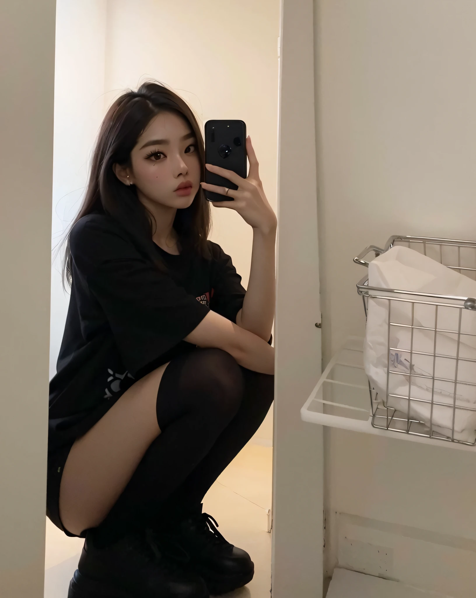 mulher tirando uma foto de si mesma no espelho do banheiro, Ulzzang, jennie blackpink, vestindo roupas pretas, vestindo roupas pretas, posando em um quarto, Heonhwa Choe, cruel korean goth girl, Tumblr, tomada em 2 0 2 0,  coreana, Modelo do Instagram, com cabelos longos, foto de perfil, 2 Modelo feminina de 4 anos