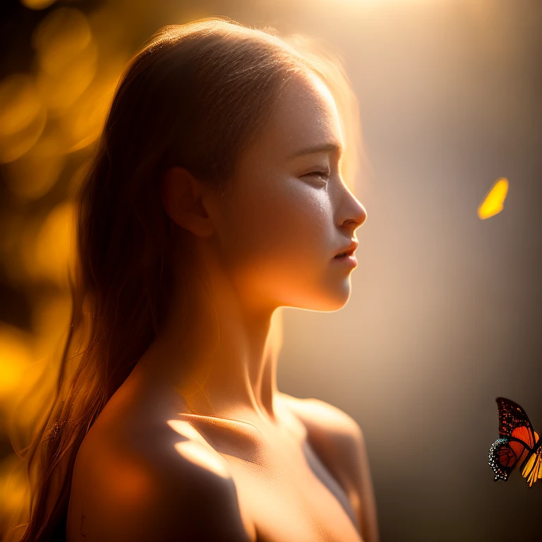 award winning portrait of topless beautiful 18 year old girl looking at a backlit butterfly, nipples exposed, bokeh, backlit, octane, unreal, epic composition