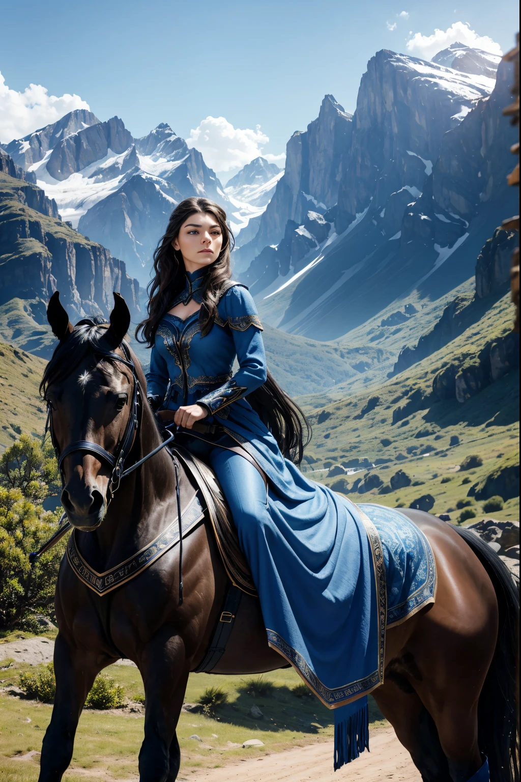 ALEXA DAVALOS AS AMAZON WOMAN ON HERS HORSE, BLUE CLOTHES, BLACK HORSE, MOUNTAINS, WIND, SIDE VIEW, DAYLIGHT, SUN