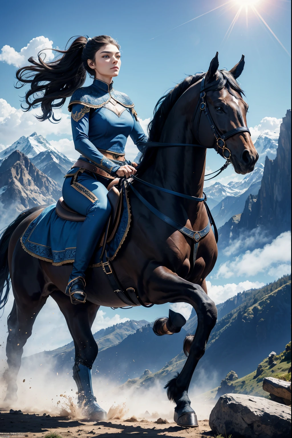 ALEXA DAVALOS AS AMAZON WOMAN ON HERS HORSE, BLUE CLOTHES, BLACK HORSE, MOUNTAINS, WIND, SIDE VIEW, DAYLIGHT, SUN