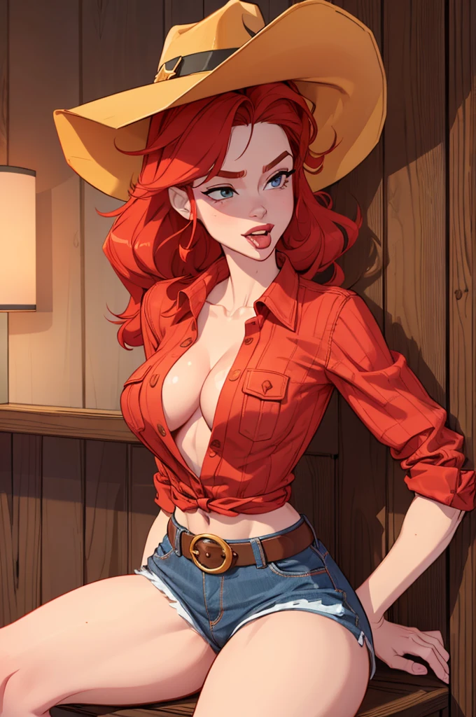 (Full HD 4K, highly detailed): 22-year-old redhead, slender body, big chest, narrow waist and wide hips. long legs. Wearing a red denim shirt with a cowboy hat, and shorts, sitting with her legs spread, leaning forward bringing her breasts together. showing his tongue and salivating.