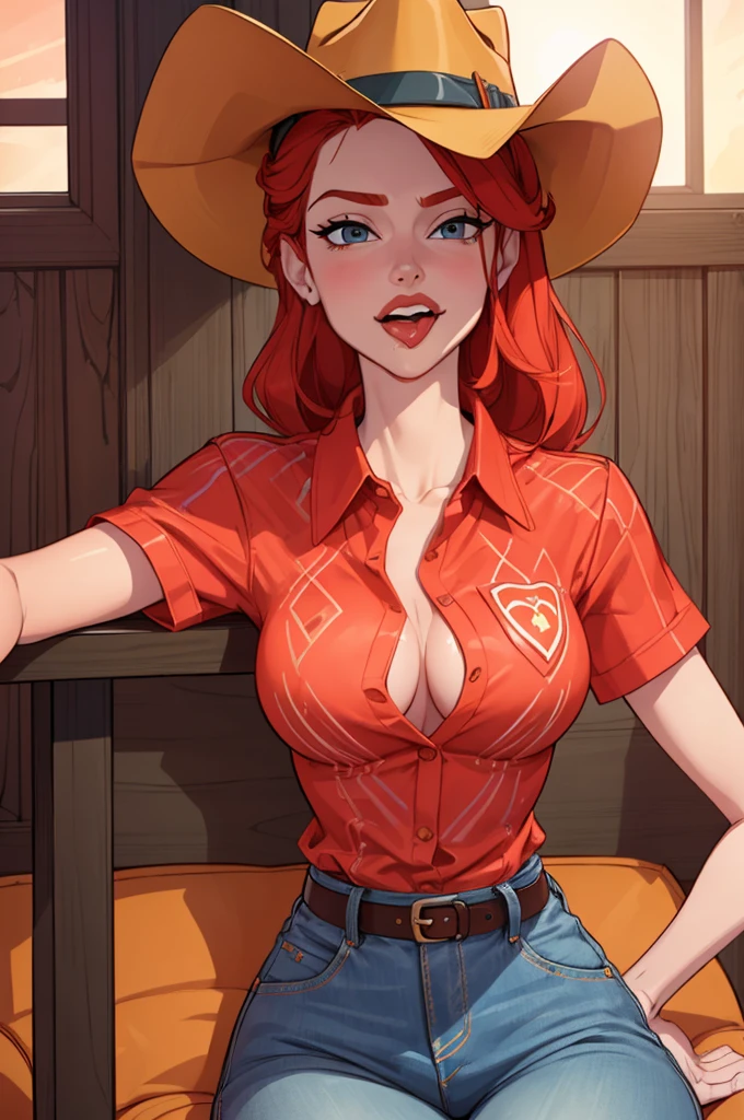 (Full HD 4K, highly detailed): 22-year-old redhead, slender body, big chest, narrow waist and wide hips. long legs. Wearing a red denim shirt with a cowboy hat, and shorts, sitting with her legs spread, leaning forward bringing her breasts together. showing his tongue and salivating.