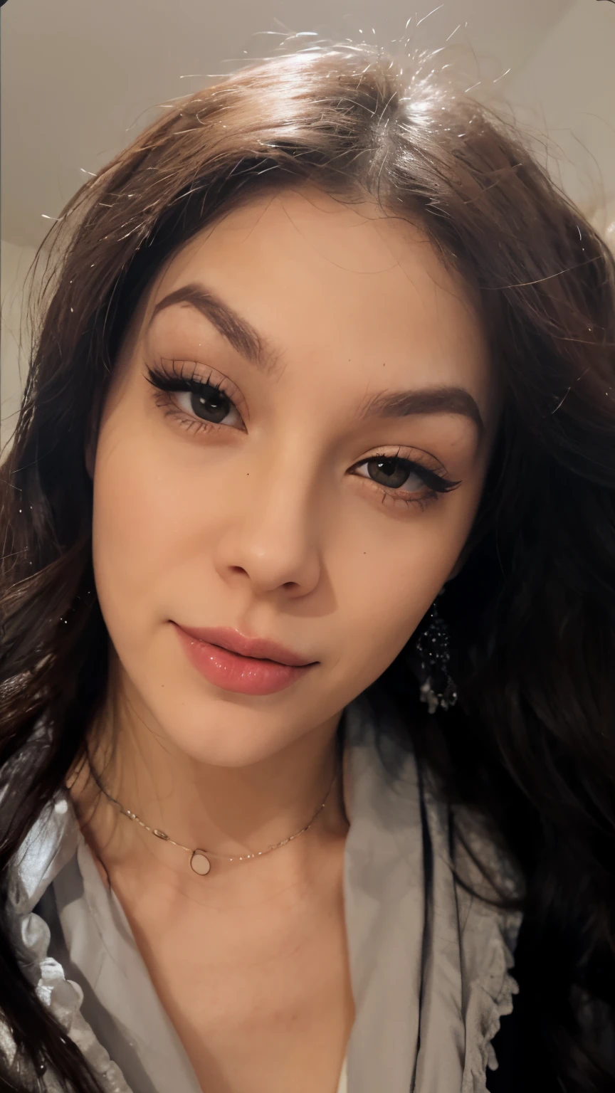 Face of a 20 year old woman, muy hermosa, muy detallado, hiperrealista, sin cambiar las facciones de la cara, cejas de color negro, muy detallado, labios hermosos, labios gruesos, sexy expression, leve sonrisa, labios de color rojo, ojos delineados, beautiful eyelashes, long eyeslashes, 8 k resolution, 32k resolution, cinematic lighting, high quality, formato Raw.