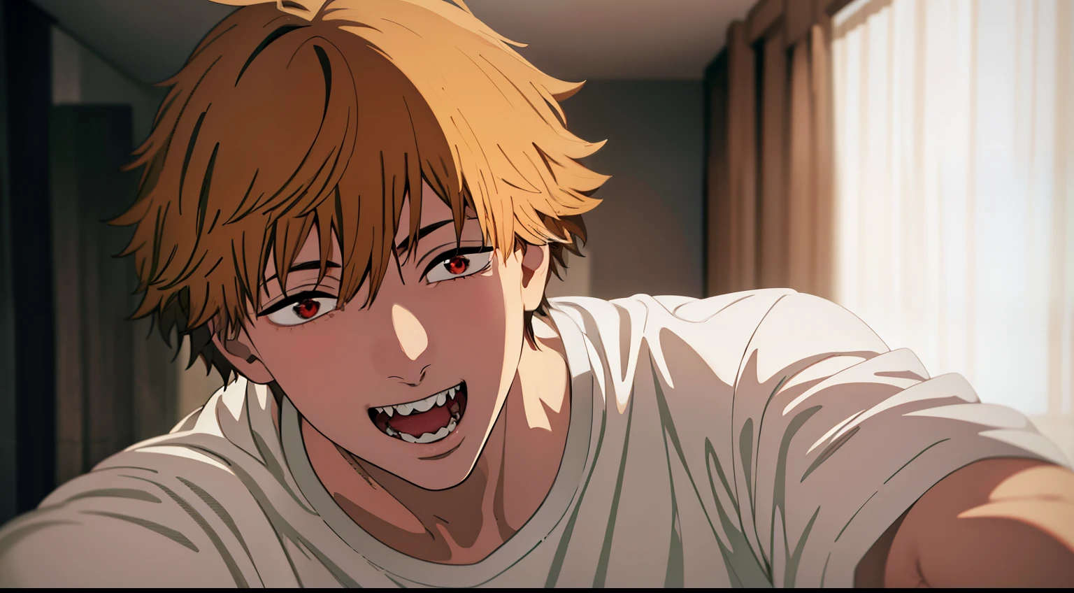 masterpiece, best quality, high quality, 1boy, solo, male focus, looking at viewer, upper body, denji, teeth, Realism