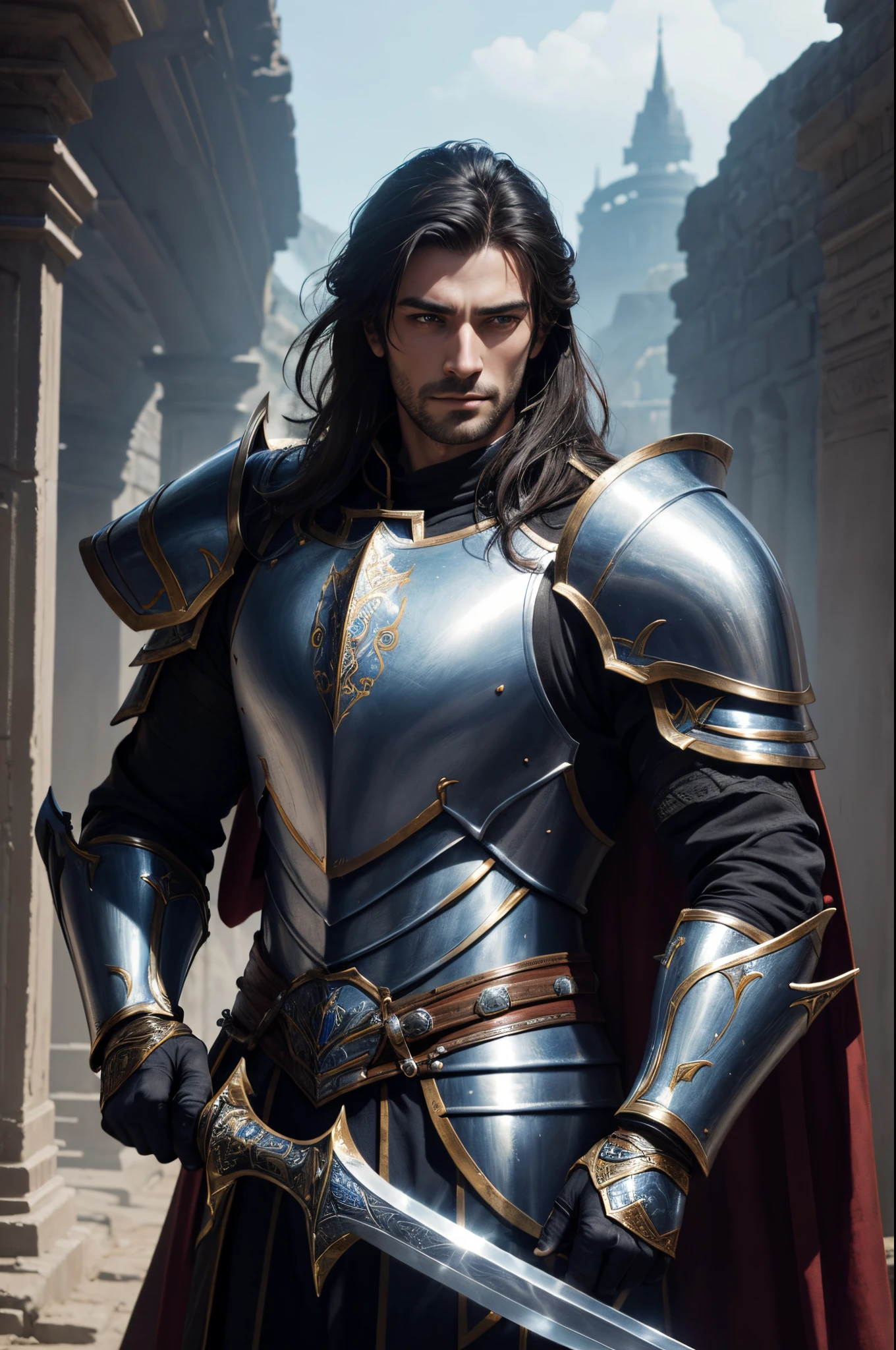 8K,1 male,Araphed image of a man wearing luxurious armor holding a holy sword, Super handsome,Paladin,William H.. Pongilppi, Arsen Lupin as Paladin, wojtek fus, andreas rocha and john howe, ArtGerm Craig Mullins, ArtgermとCraig Mullins, Full armor fantasy holy knight, Attractive man with luxurious armor, silvain sarrailh, Malepaladin,Beautiful expression,delicate armor work,super realistic skin,超A high resolution,battle field