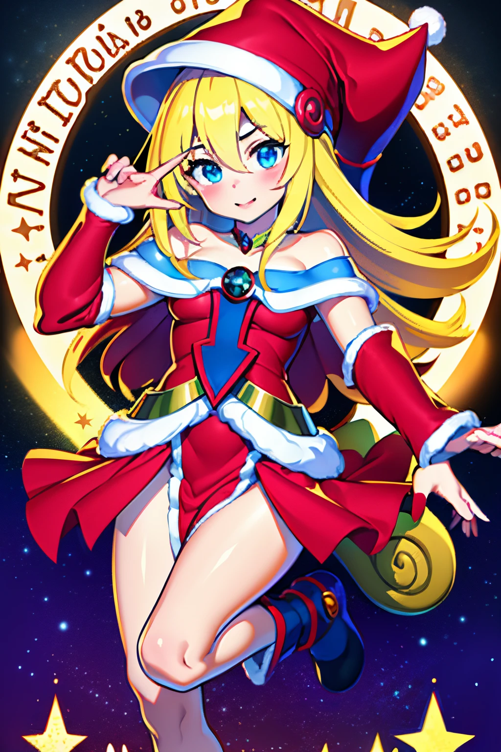 Dark magician gils christmas version. Ojos azules. Cabello rubio, labios rojos. Vestida con un traje de Santa Claus sexy. Minifalda roja. Capa blanca, blusa roja, sombrero roja de navidad, en el trineo de Santa Claus. Fondos de estrellas y nieve callendo del cielo. Pose sejustiva y sensual y sexy.