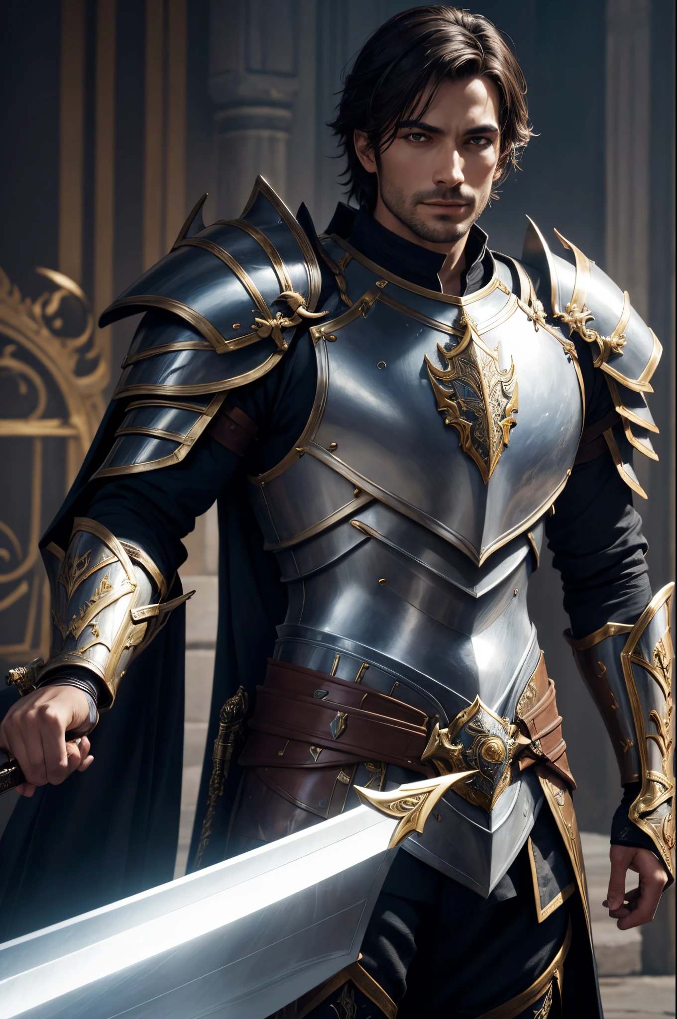 8K,1 male,Araphed image of a man wearing luxurious armor holding a holy sword, Super handsome,Paladin,William H.. Pongilppi, Arsen Lupin as Paladin, wojtek fus, andreas rocha and john howe, ArtGerm Craig Mullins, ArtgermとCraig Mullins, Full armor fantasy holy knight, Attractive man with luxurious armor, silvain sarrailh, Malepaladin,Beautiful expression,delicate armor work,super realistic skin,超A high resolution,battle field