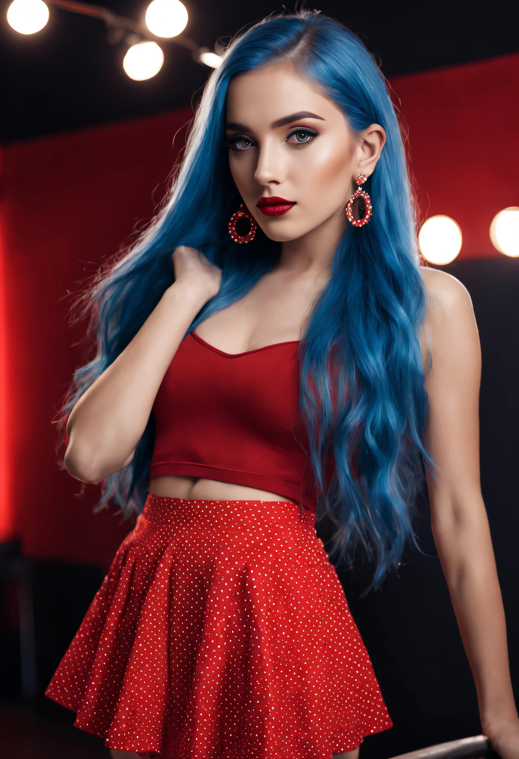 beautiful young girl,model appearance,long blue hair,makeup,in a short red spotted skirt,in a photo studio,posing,clear face in focus,earrings glow and shine,skin detailing,high quality 8k