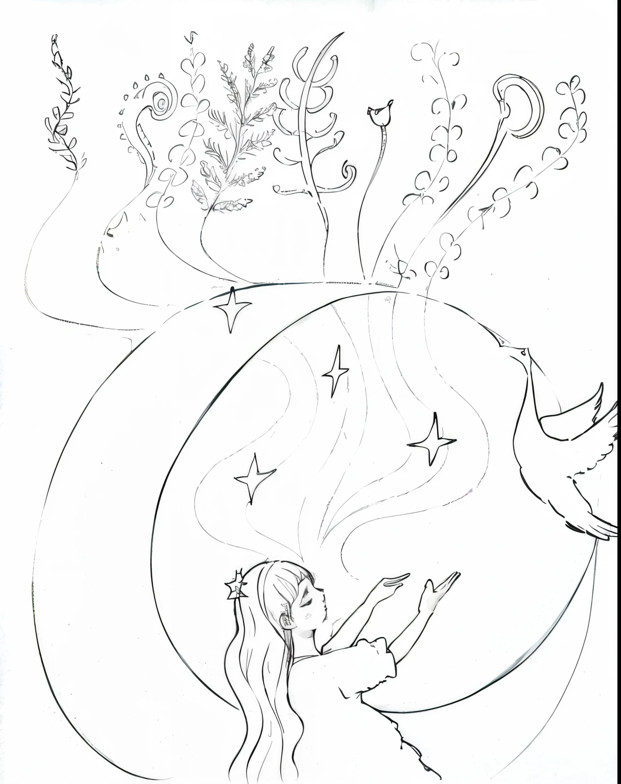 Girl in white dress，Surrounded by the moon and birds，The flowing river of stars derives the veins of plants，Colorful and colorful，Illustration picture book style