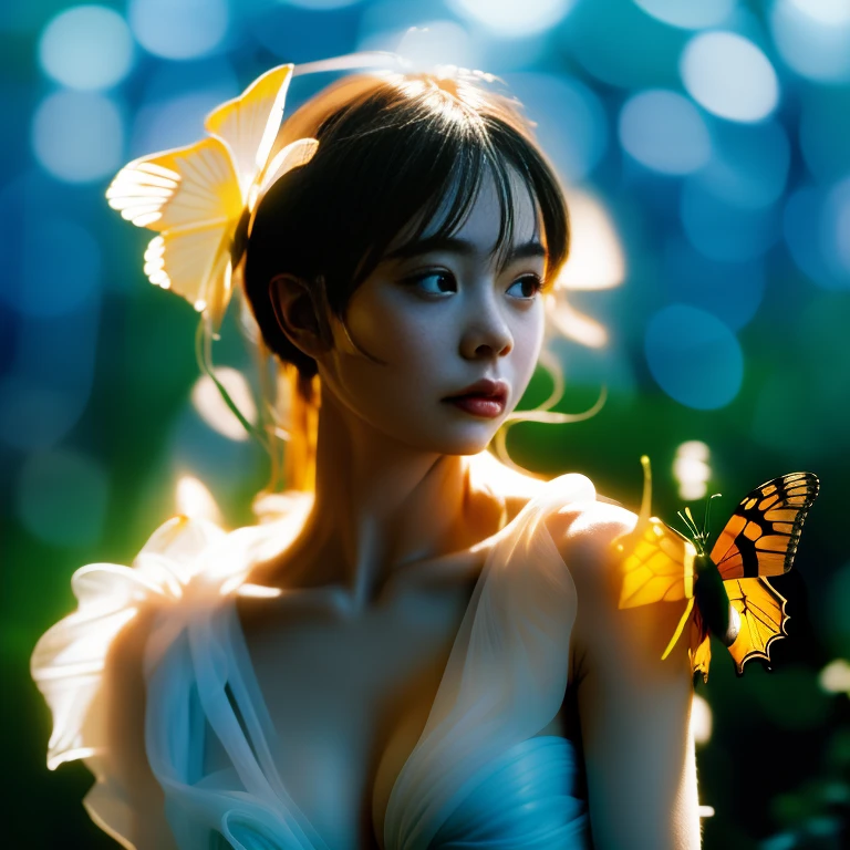award winning portrait of topless beautiful girl looking at a backlit butterfly, nipples, bokeh, backlit, octane, unreal, epic composition