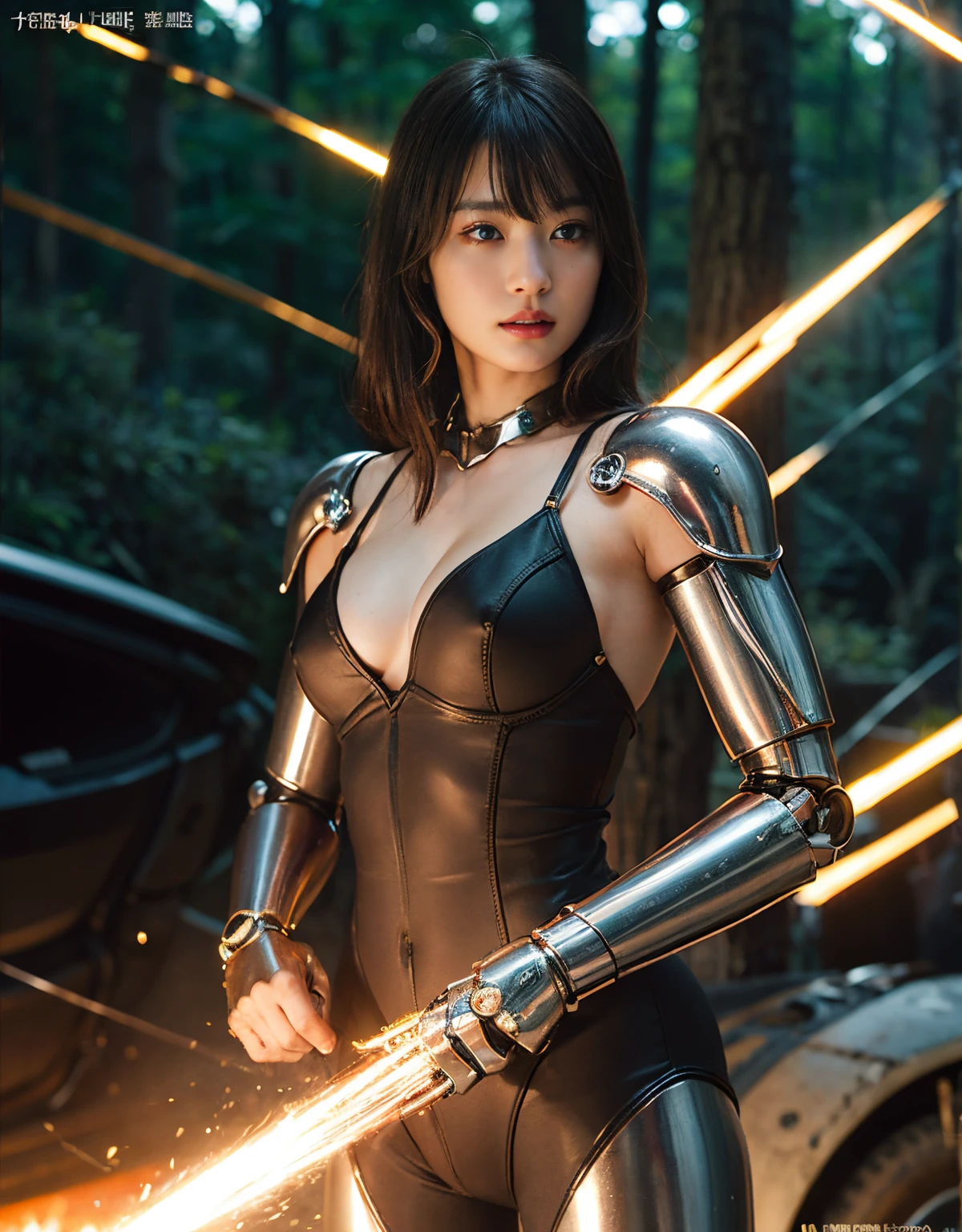 (1 Mechanical Girl)、top-quality、masterpiece、超A high resolution、(Photorealsitic:1.4)、Raw photo、1人、Fight mutants、glowy skin、(((1 Mechanical Girl)))、With a beautiful knife、(Red Metal Bodysuit)、(Fight goblings、ogre、Fierce battle with orcs),(Fight fiercely against aliens)、Fight fiercely、(beautiful forest background)、(Fighting Demonic Beasts)、(Small LED)、((super realistic details))、portlate、(Strong giant demon beast background),globalillumination、Shadow、octan render、8K、ultrasharp、Colossal tits、Raw skin is exposed in cleavage、metals、Details of complex ornaments、Japan details、highly intricate detail、Realistic light、(Mystical expression),CGSoation Trends、Blue eyes、radiant eyes、Facing the camera、neon details、(Mechanical limbs)、(blood vessels connected to tubes)、(Wires and cables connecting to the head)、Small LED、,Mechanical thighs、Toostock、(Hands are also made of machines)、(Attack of the Monster Beasts)、