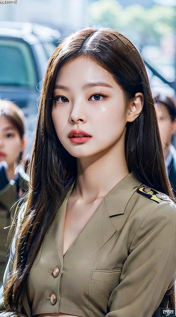 jennie military:1.2) top-quality、top-quality、realisitic、Unity、8k wallpaper、Official art、Highly detailed CG Unity 8k wallpaper、ultra-detailliert、hight resolution、Physically-based rendering、ultra-detailliert, magnifica, finely detail, 1girl in、(long brunette hair)、(Serious Face:1.1)、Serious Face、Blackpink Jennie、Jennie_blackpink、Jennie Kim、K-pop Idol、Pretty Lady、hyperdetailed face、Detailed eye、(glistning skin)、(sun-kissed skin)、(real looking skin)、Military, Headquarters, Military Place, Serious appearance, Colombian Military Uniform, 2 6 y e a r, Soldier, Planes in the Background、(From navel to head)、frontage、Slim Face、Uniform、Guns, profetional epic lighting、(Light on the Face:1.5)、best light、 Guns, Armament, General, Military Accessories, Serious、Military Uniform, Headquarters, All covered up, Colombian Uniform, Colombian Aeronautics Uniform, Military, Militar, Army, Serious, respect, frightening full body Shot,
