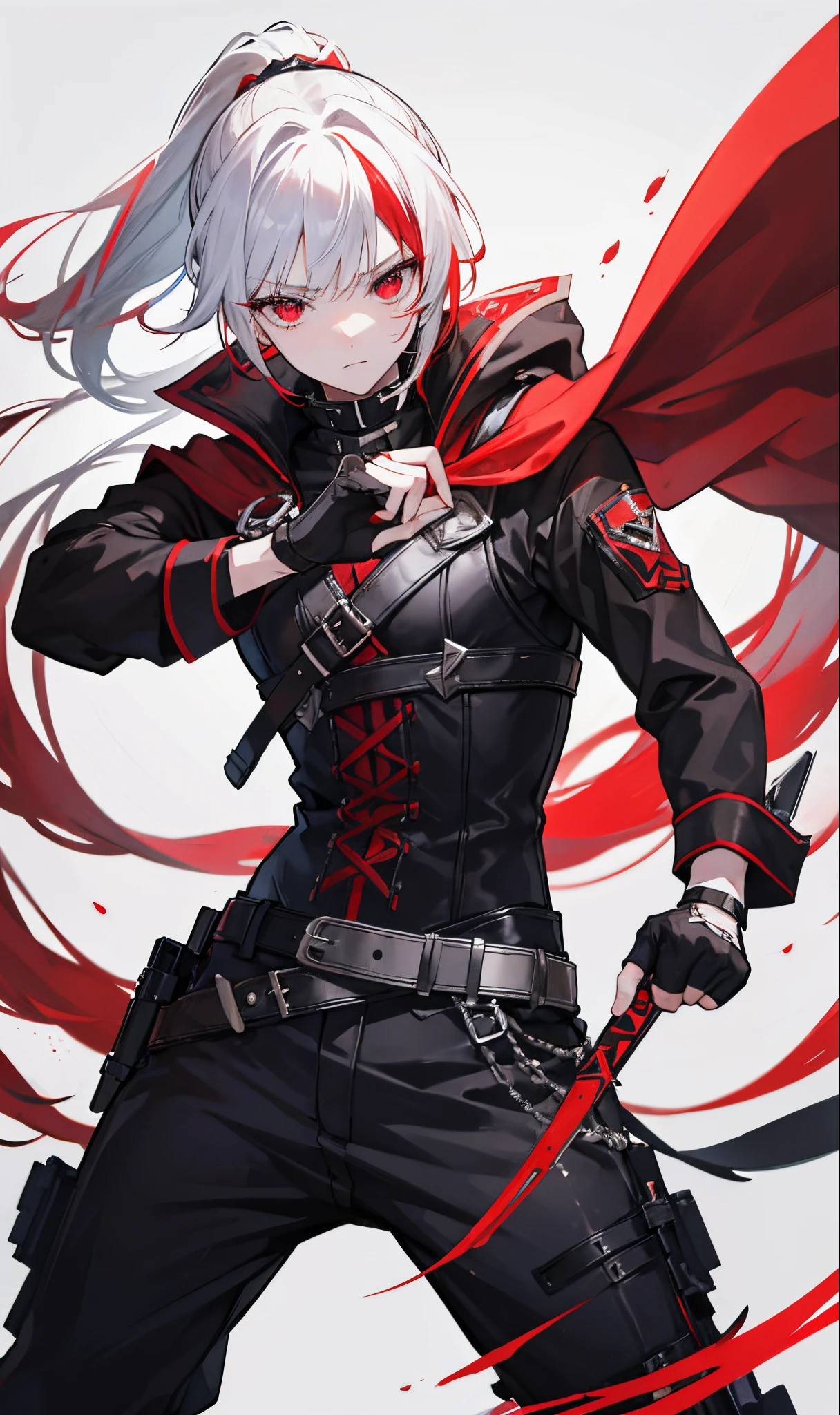 solo, long_hair, looking_at_viewer, red_eyes, gloves, 1boy, holding, full_body, ponytail, weapon, white_hair, male_focus, red_hair, multicolored_hair, boots, black_gloves, belt, pants, sword, fingerless_gloves, cape, holding_weapon, brown_footwear, black_pants, cross-laced_footwear