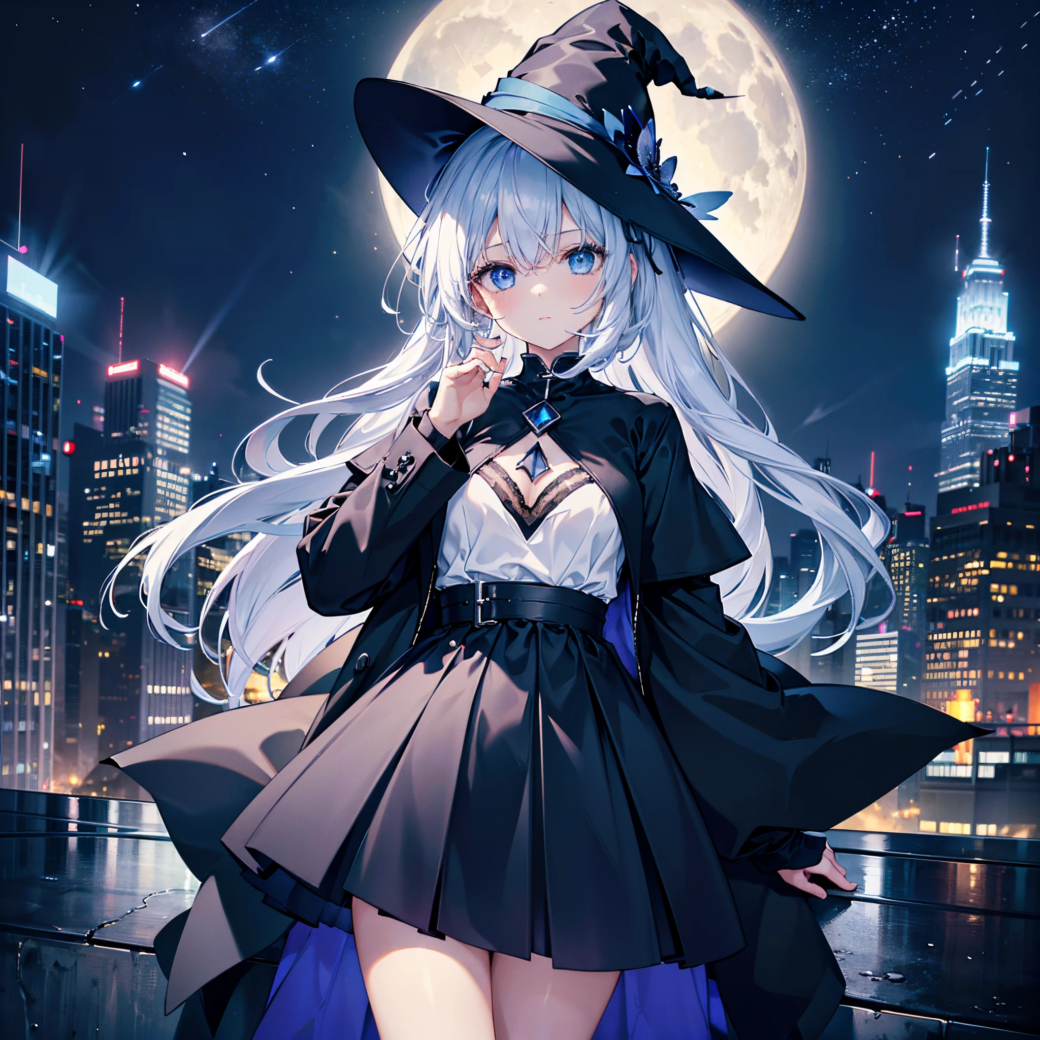 This is the rooftop of a skyscraper in the city.、It's late at night now.、You can see the night view of many low buildings in the background.、Photograph them from above、Small moon and starry sky、You can see the beautiful sea with the moonlight reflecting in the distance.、Photograph her from an angle of 45 degrees above、One 27-year-old woman with small breasts、She wears a large black witch hat with sapphire accessories、White medium shorthair with blue-purple mesh、He is looking at me with a cool face and confused eyes.、Blue eyes with highlights、She is wearing a long black coat over a white t-shirt、White camisole、Black pleated skirt、Black sneakers with white shoelaces、small tits、discreet breasts、hiquality、High Details、high-level image quality、4K picture quality、beatiful backgrounds
