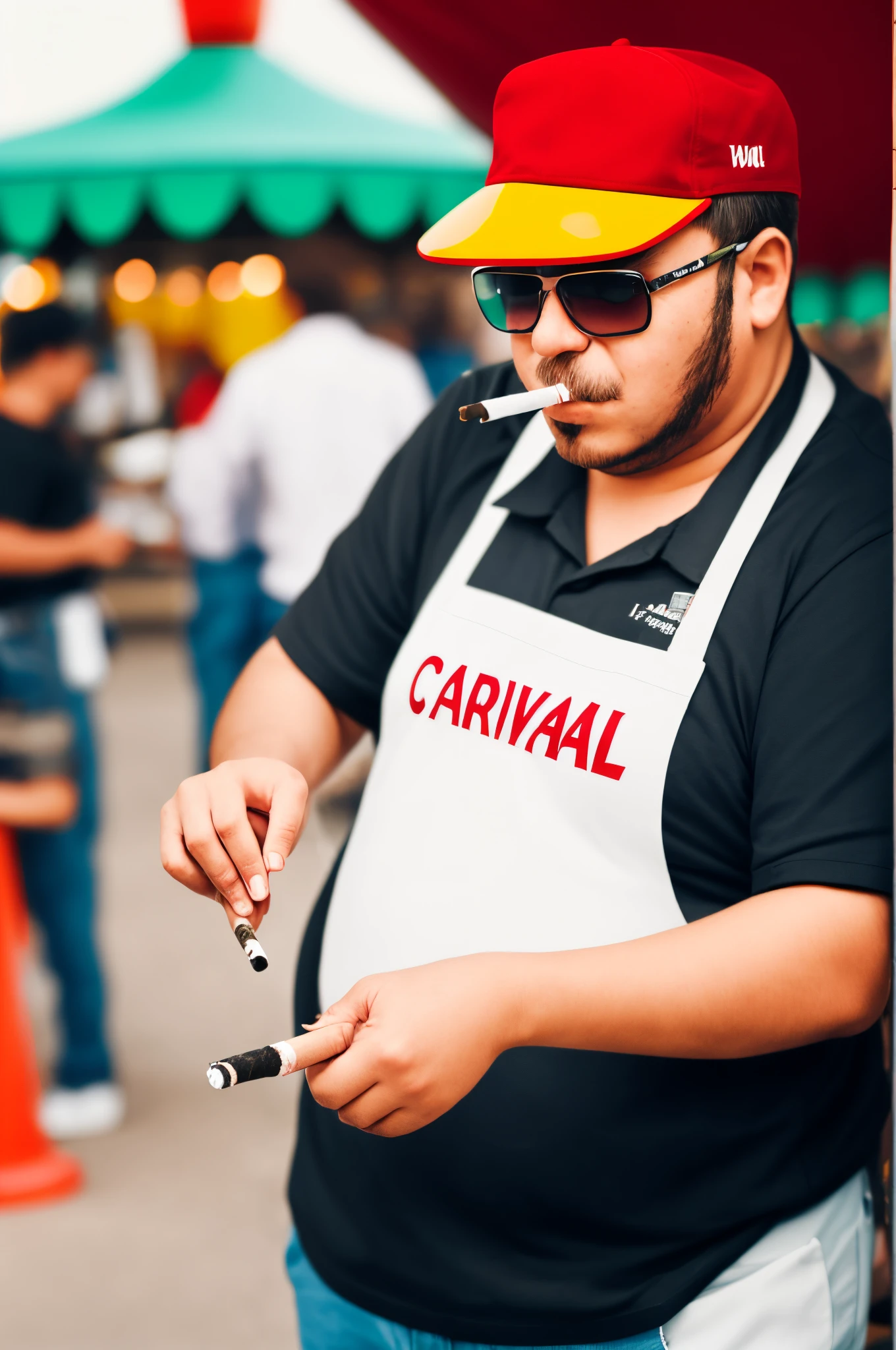 Fat ugly carnival worker smoking a cigarette