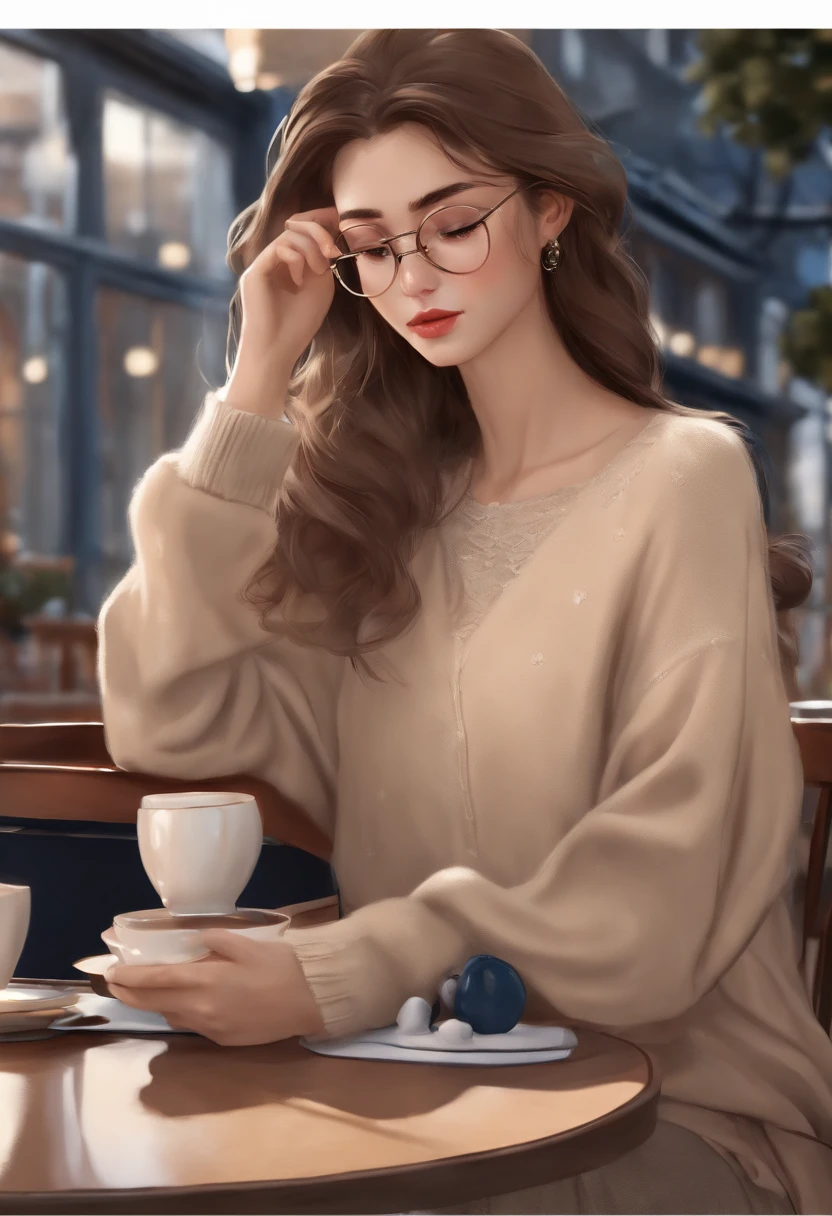 A close-up shot of a character sitting at a cafe table, sipping on a hot chocolate and reading a thick book with intense focus.,original,[{{((Hair: light brown + short + messy))
((Eyes: large + blue + piercing + doe eyes))
((Facial features: long sharp face + sharp jawline + straight nose + pointed chin + thin lips + pale))
((Build: tall + slender + lean + lithe + strong + large hands))
((Appearance: glasses + sweaters + neat + put together))}}]