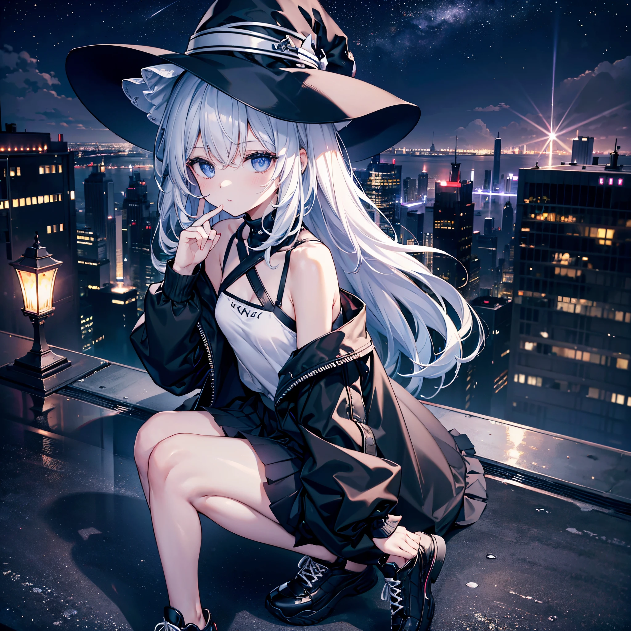 This is the rooftop of a skyscraper in the city.、It&#39;s late at night now.、You can see the night view of many low buildings in the background.、Photograph them from above、Small moon and starry sky、You can see the beautiful sea with the moonlight reflecting in the distance.、Photograph her from an angle of 45 degrees above、One 27-year-old woman with small breasts、She wears a large black witch hat with sapphire accessories、White medium shorthair with blue-purple mesh、He is looking at me with a cool face and confused eyes.、Blue eyes with highlights、She is wearing a long black coat over a white t-shirt、White camisole、Black pleated skirt、Black sneakers with white shoelaces、small tits、discreet breasts、hiquality、High Details、high-level image quality、4K picture quality、beatiful backgrounds