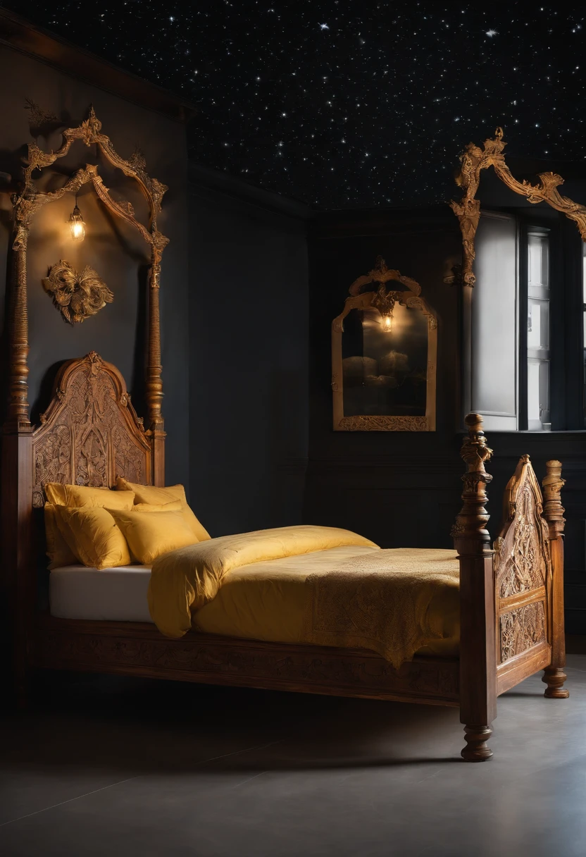 A photo of a beautifully carved wooden bed frame with a unique headboard design inspired by the night sky.,original,He has a long white beard and is close to 70 years old. He wear wore rimmed glasses and a yellow safety hat at all times