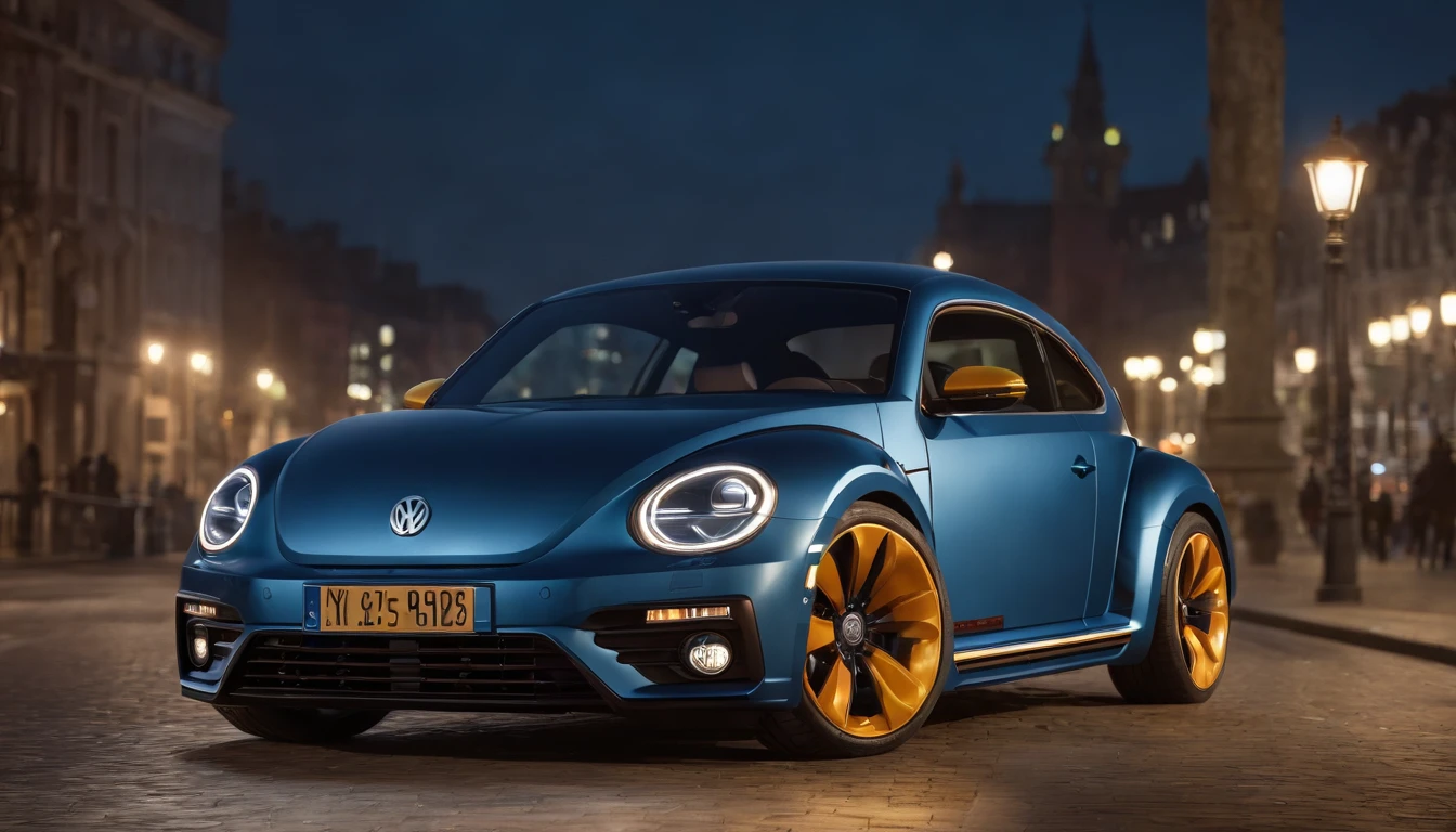 "Generate an extremely detailed 8k CGI rendering of a Volkswagen Beetle driving on a nighttime city street. The car's headlights should cast a vivid glow, illuminating the scene. Include (((intricate details))) such as a traffic light and fire hydrant to enhance the realistic atmosphere. This piece should be a masterpiece, with the best shadows and lighting for an ultra-detailed 8k wallpaper. Use a 16:9 aspect ratio to emphasize the dynamic cityscape at night. Incorporate colors like deep blues and warm yellows to evoke the nocturnal ambiance. Three related artists are Bertrand Benoit, Alex Roman, and Marek Denko."