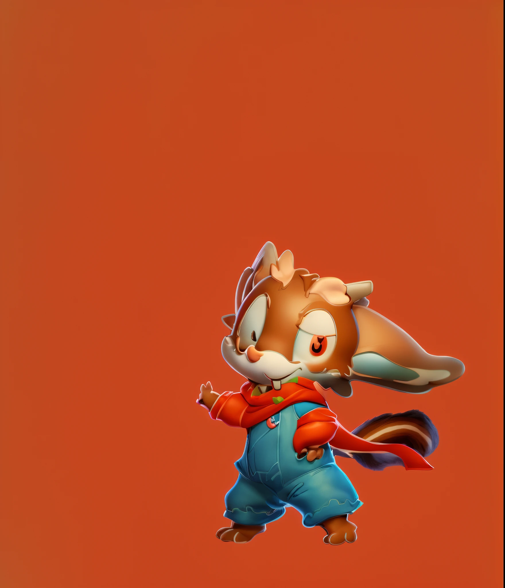 3dcharacter,(1squirrel, smile face, young male:1.2), dark orange __eyecolor__ eyes, red eyebrows, (full body:1.2),green shirt, blue jeans, red scarf, overalls, simple background, masterpiece,best quality,(light Red gradient background:1.1)