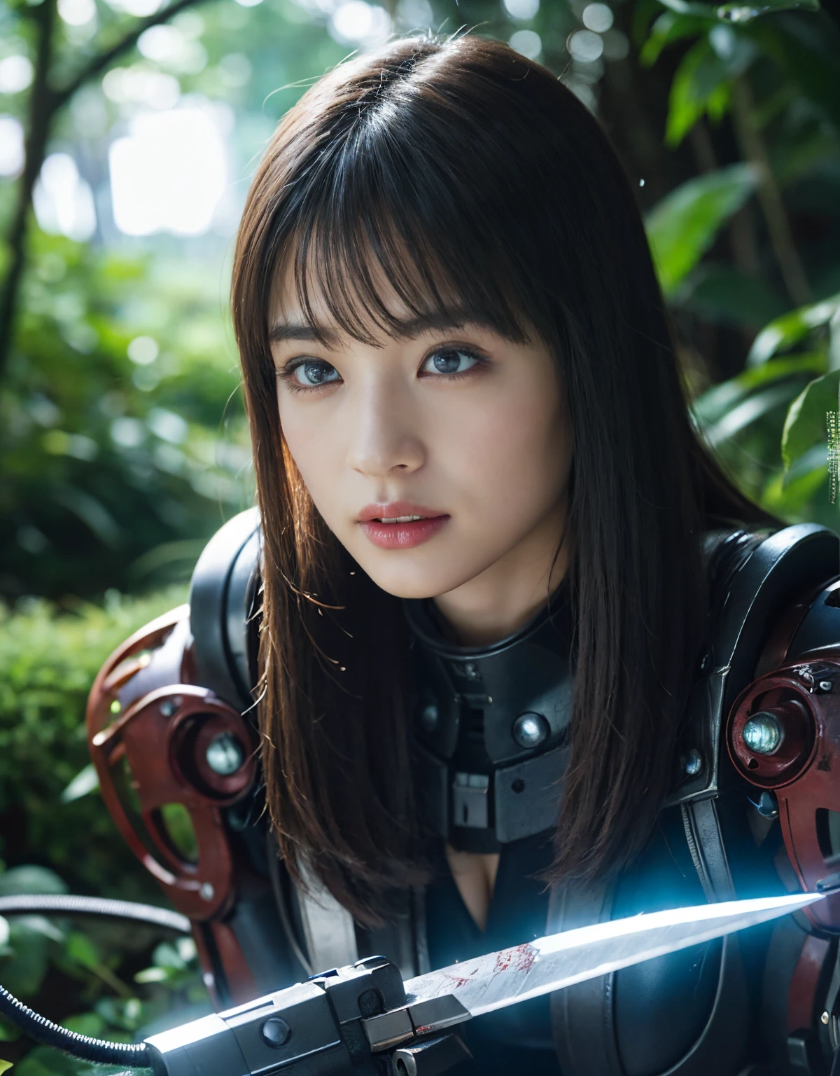 (1 Mechanical Girl)、top-quality、​masterpiece、超A high resolution、(Photorealsitic:1.4)、Raw photo、女の子1人、Fight mutants、glowy skin、(((1 Mechanical Girl)))、With a beautiful knife、（Red Metal Bodysuit）、(Fight goblings、ogre、Fierce battle with orcs),（Fight fiercely against aliens）、Fight fiercely、(beautiful forest background)、(Fighting Demonic Beasts)、(Small LED)、((super realistic details))、portlate、(Strong giant demon beast background),globalillumination、Shadow、octan render、8K、ultrasharp、Colossal tits、Raw skin is exposed in cleavage、metals、Details of complex ornaments、Japan details、highly intricate detail、Realistic light、(Mystical expression),CGSoation Trends、Blue eyes、radiant eyes、Facing the camera、neon details、(Mechanical limbs)、(blood vessels connected to tubes)、(Wires and cables connecting to the head)、Small LED、,Mechanical thighs、Toostock、（Hands are also made of machines）、（Attack of the Monster Beasts）、
