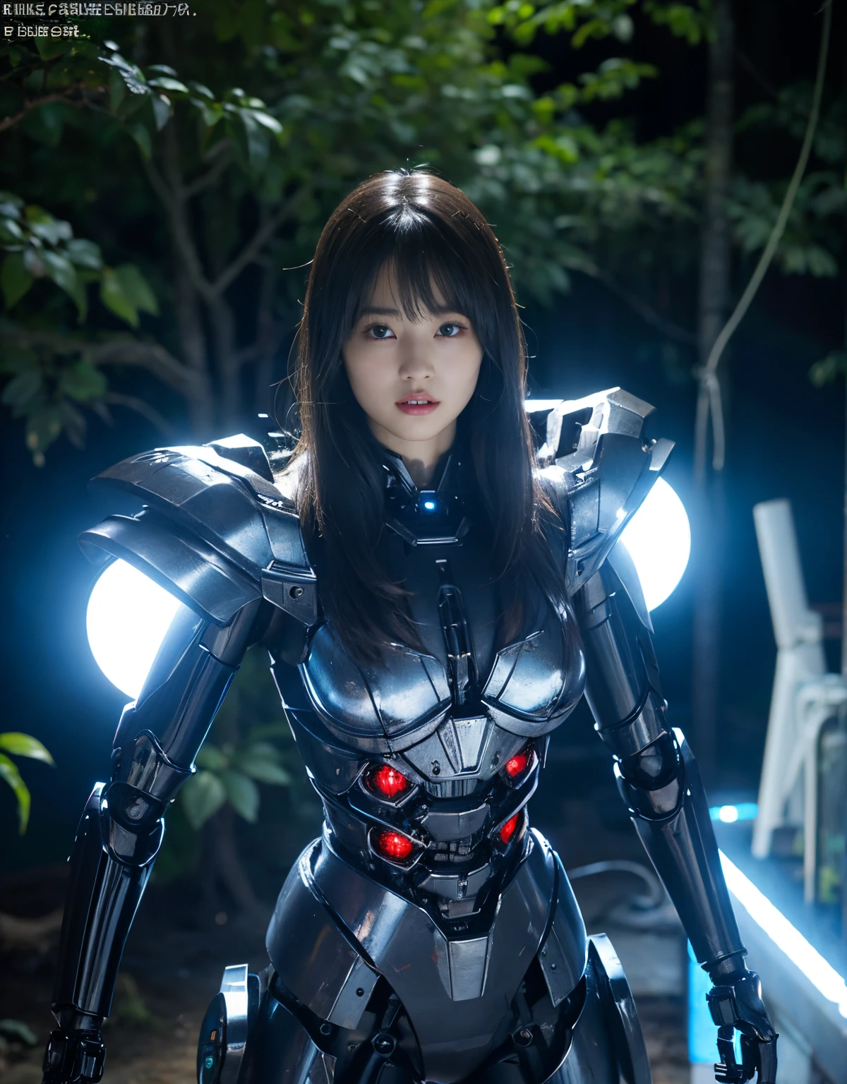 (1 Mechanical Girl)、top-quality、​masterpiece、超A high resolution、(Photorealsitic:1.4)、Raw photo、女の子1人、Fight mutants、glowy skin、(((1 Mechanical Girl)))、With a beautiful knife、（Red Metal Bodysuit）、(Fight goblings、ogre、Fierce battle with orcs),（Fight fiercely against aliens）、Fight fiercely、(beautiful forest background)、(Fighting Demonic Beasts)、(Small LED)、((super realistic details))、portlate、(Strong giant demon beast background),globalillumination、Shadow、octan render、8K、ultrasharp、Colossal tits、Raw skin is exposed in cleavage、metals、Details of complex ornaments、Japan details、highly intricate detail、Realistic light、(Mystical expression),CGSoation Trends、Blue eyes、radiant eyes、Facing the camera、neon details、(Mechanical limbs)、(blood vessels connected to tubes)、(Wires and cables connecting to the head)、Small LED、,Mechanical thighs、Toostock、（Hands are also made of machines）、（Attack of the Monster Beasts）、