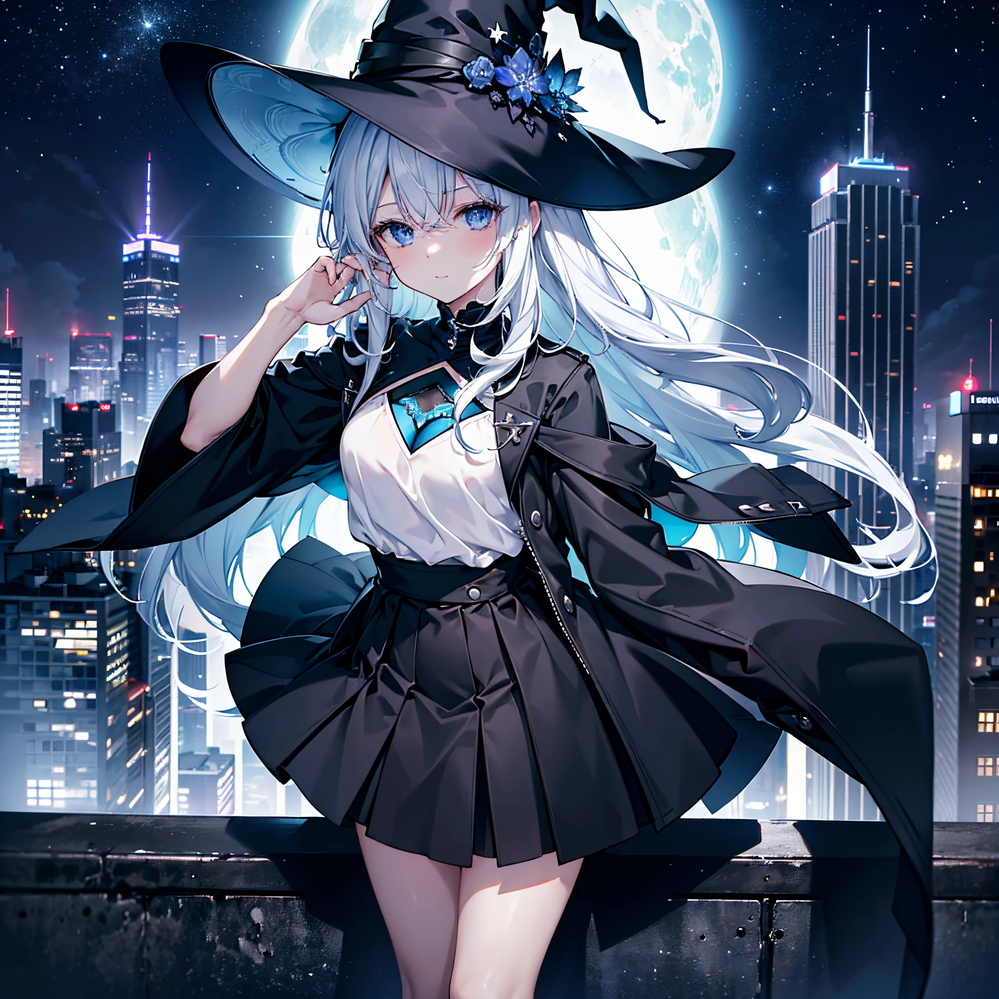 This is the rooftop of a skyscraper in the city.、It's late at night now.、You can see the night view of many low buildings in the background.、Photograph them from above、Small moon and starry sky、You can see the beautiful sea with the moonlight reflecting in the distance.、Photograph her from an angle of 45 degrees above、One 27-year-old woman with small breasts、She wears a large black witch hat with sapphire accessories、White medium shorthair with blue-purple mesh、He looks at me with a cool face and disdain with amused eyes.、Blue eyes with highlights、She is wearing a long black coat over a white t-shirt、White camisole、Black pleated skirt、Black sneakers with white shoelaces、small tits、discreet breasts、full-shot、hiquality、High Details、high-level image quality、4K picture quality、beatiful backgrounds