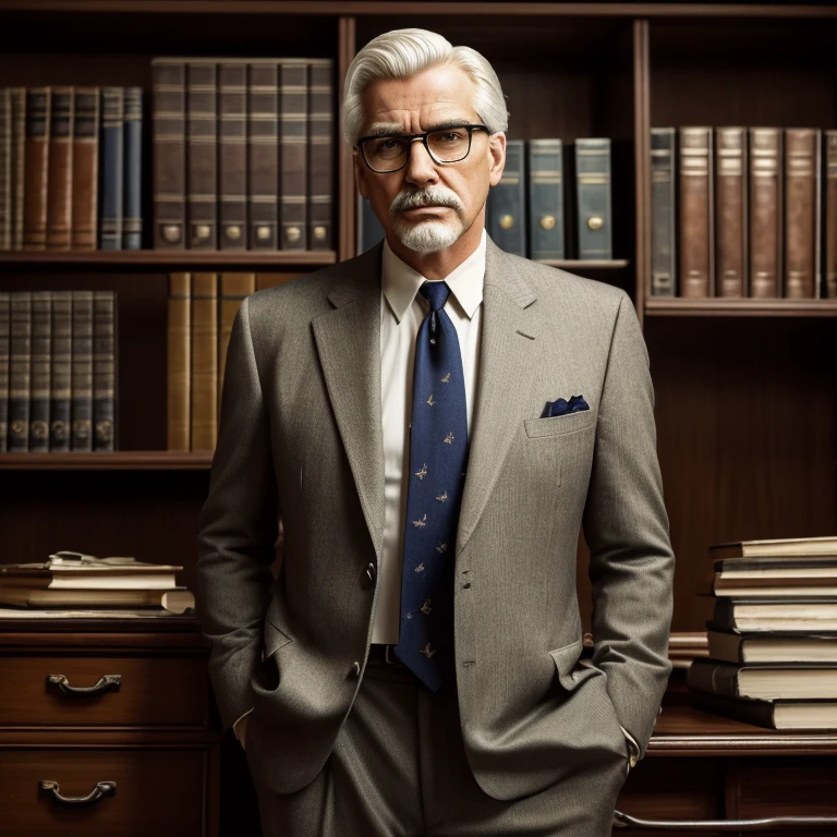 (highres,photorealistic)1977 photograph of a 61-year-old Yugoslavian detective with (white hair) in a (suit and tie) in his (office), (retro-style:1.2), (gritty:0.9), (dark:0.9). The detective has a (well-groomed mustache) and (goatee), with (distinctive) (white hair). He is wearing a (dark-colored suit) with a (crisp white shirt) and a (polished tie) that matches. The detective exudes an aura of (wisdom) and (experience). His (glasses) reflect the dim light of the room, giving him an air of (sophistication). The office is filled with (cluttered shelves) and (old case files), creating an atmosphere of (history) and (mystery). The (vintage desk) is covered with (loose papers) and a (typewriter), hinting at the (old-fashioned investigation) methods of that era. The detective is standing in front of a (bookshelf), filled with dusty volumes, signifying his wide range of knowledge and expertise. The (soft, warm lighting) from a (desk lamp) illuminates his face, adding a touch of (drama) and (intensity) to the scene.