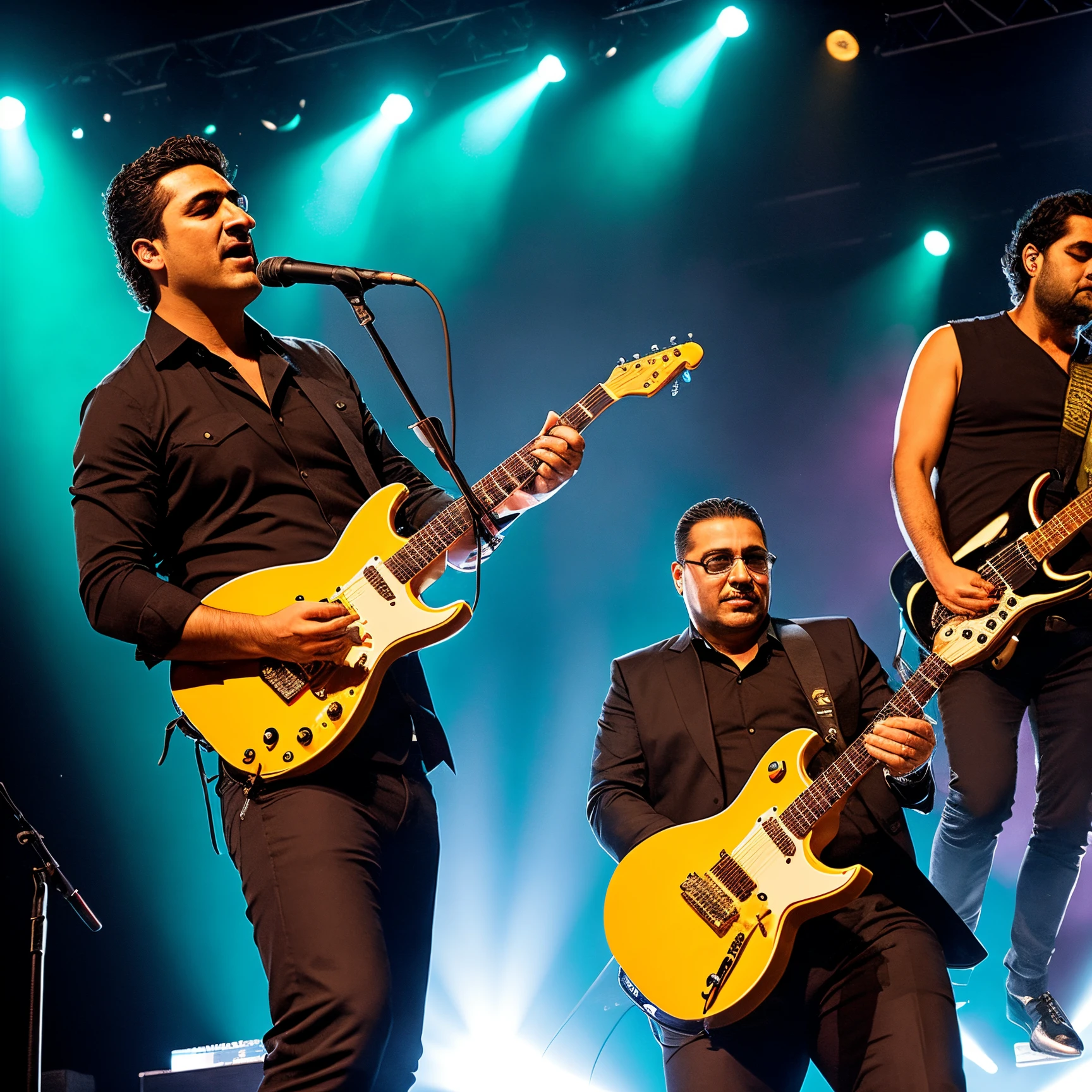 there is a man that is playing a guitar on stage, tocando guitarra no palco, guitarrista, tomas sanchez, Apresentando-se no palco, Alex Miranda, solo de guitarra, Sam Nassour, Joel Torres, foto do concerto, music show, zigor samaniego, Condutor de Ene, Nekro Petros Afshar, Cristiano Orrillo, Executar, Farid Ghanbari